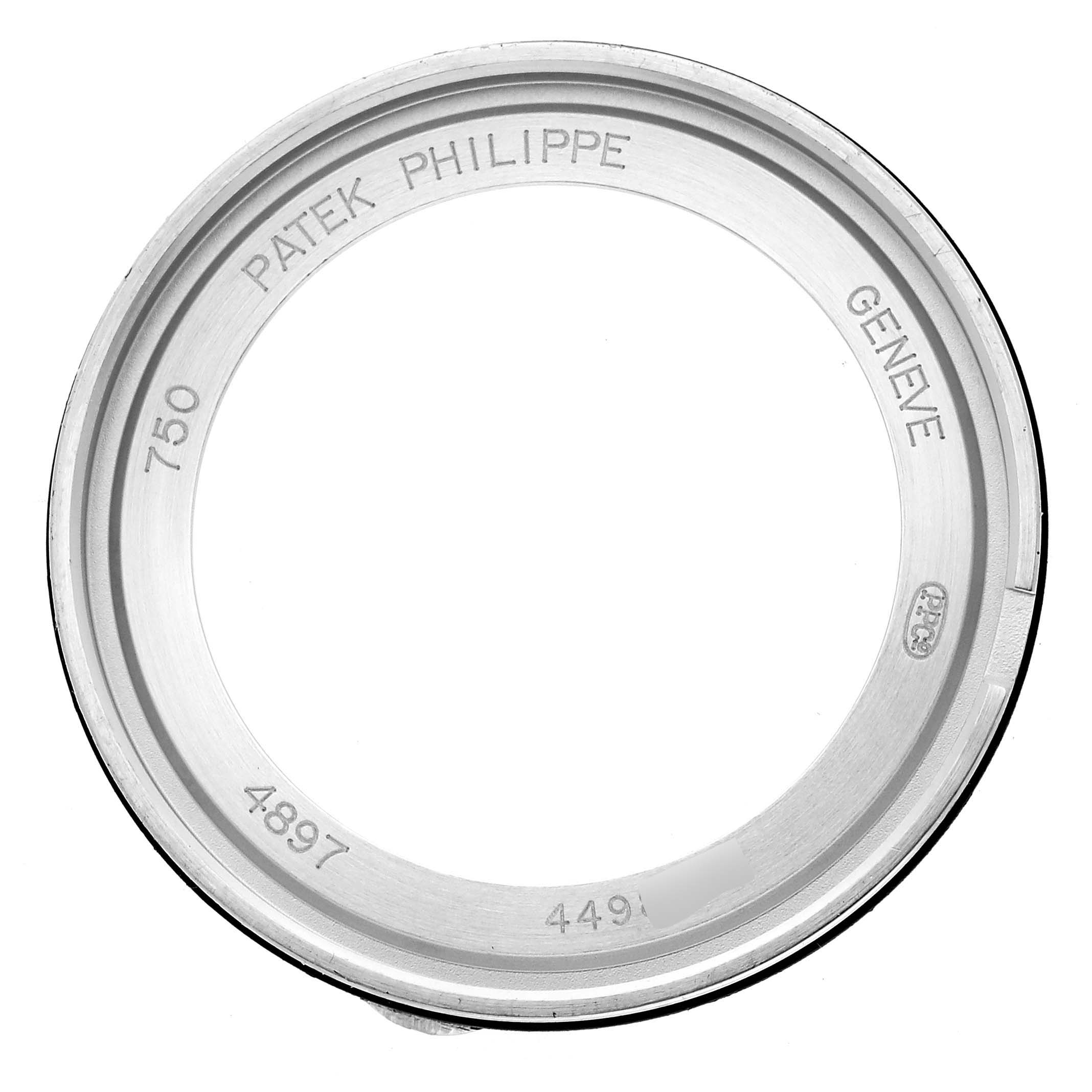 This is the caseback of a Patek Philippe Calatrava 4897G-001 Women's White Gold Blue Dial 4897G-001 Women's White Gold Blue Dial watch, showing the brand name and reference numbers.