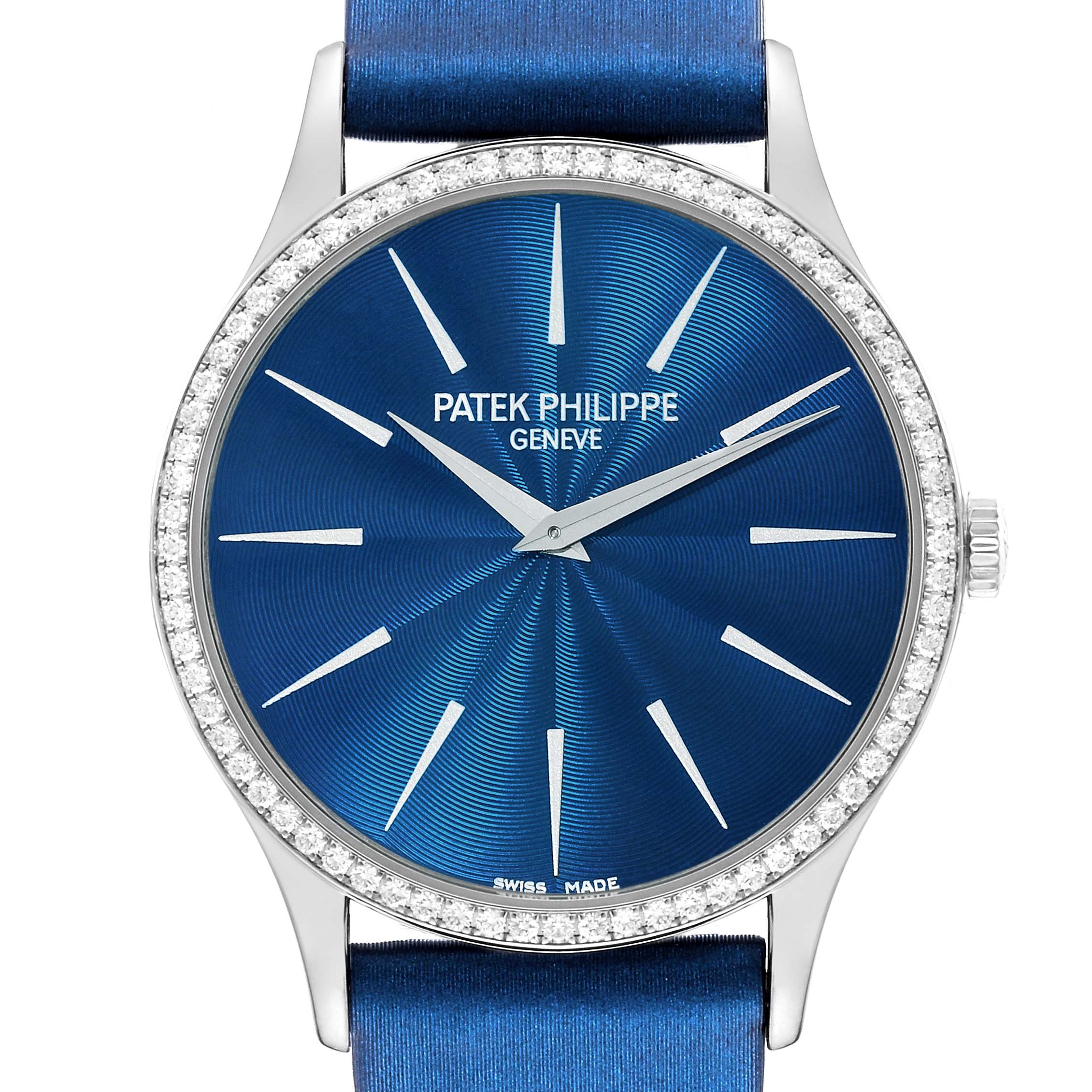 The image shows a front view of the Patek Philippe Calatrava 4897G-001 Women's White Gold Blue Dial 4897G-001 Women's White Gold Blue Dial watch, highlighting its blue dial, bezel, and strap.