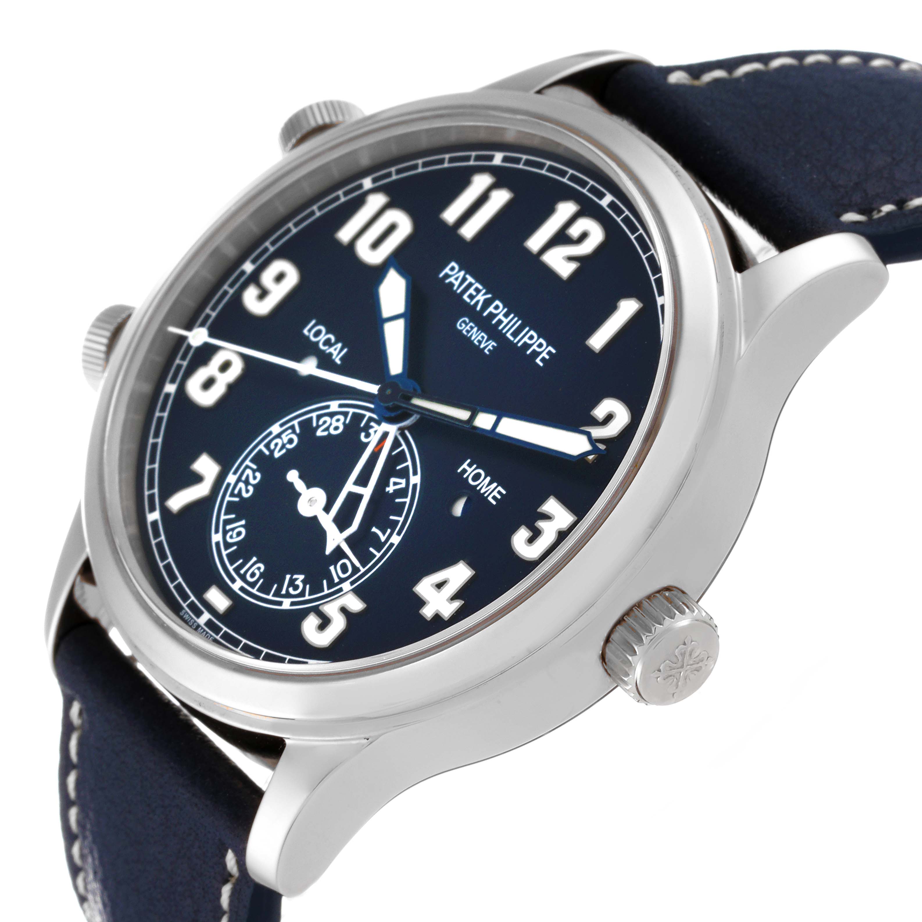 The image shows a Patek Philippe Calatrava 5524G-001 Men's White Gold Blue Dial 5524G-001 Men's White Gold Blue Dial watch viewed at an angled side, highlighting the crown, case, face, and strap.