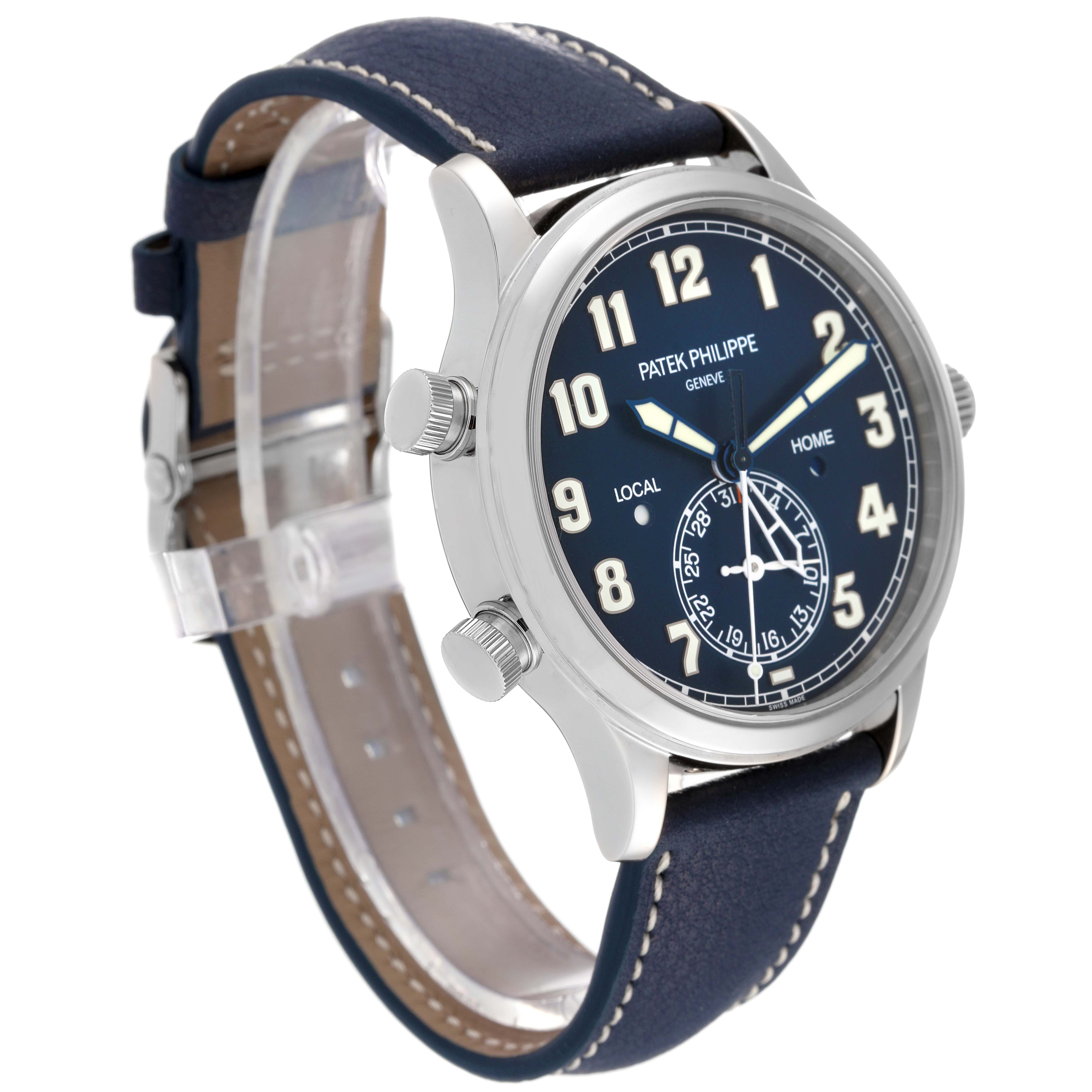 The image shows a Patek Philippe Calatrava 5524G-001 Men's White Gold Blue Dial 5524G-001 Men's White Gold Blue Dial watch at an angle, highlighting the face, bezel, and strap.