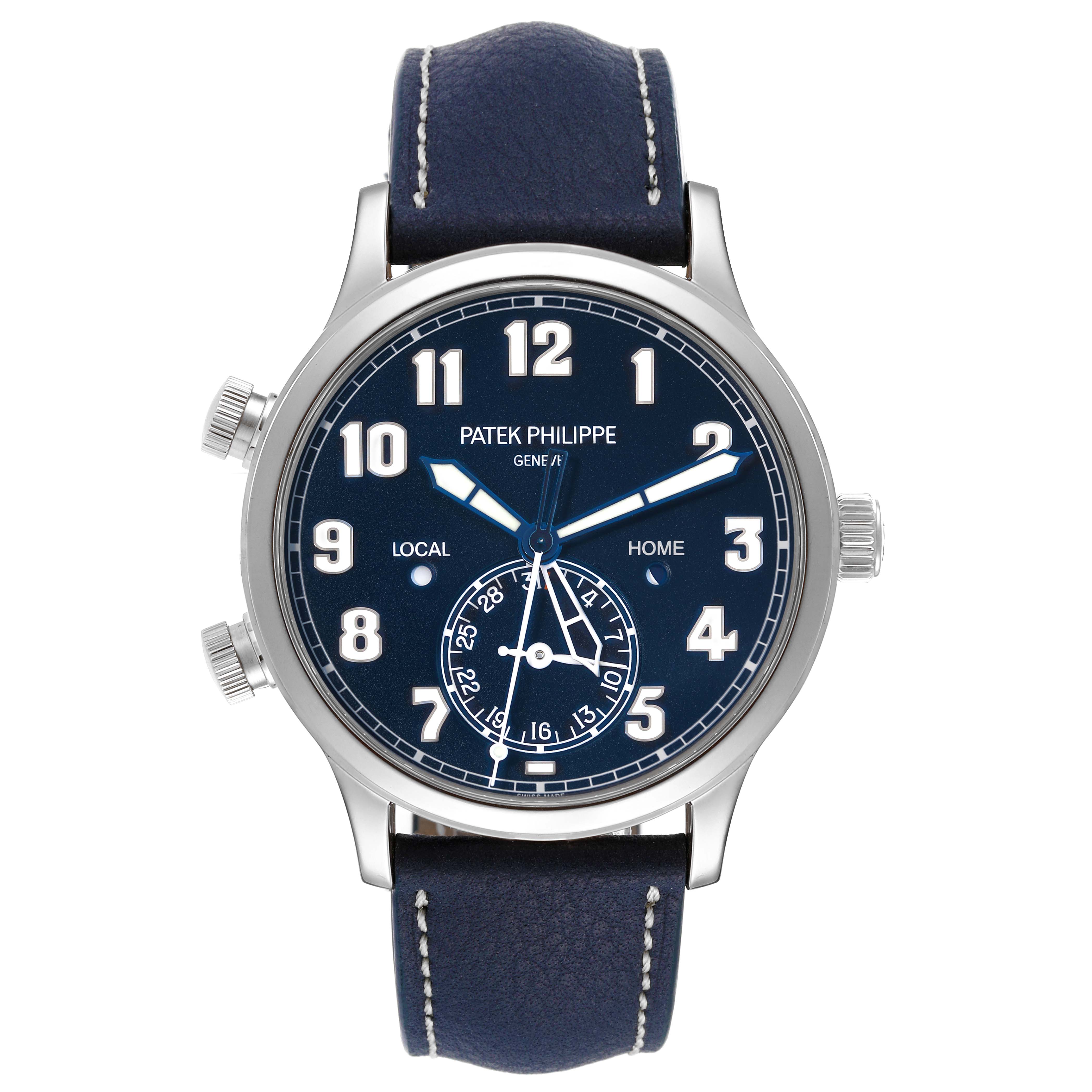 The image shows a front-facing Patek Philippe Calatrava 5524G-001 Men's White Gold Blue Dial 5524G-001 Men's White Gold Blue Dial watch, featuring a blue dial and leather strap.