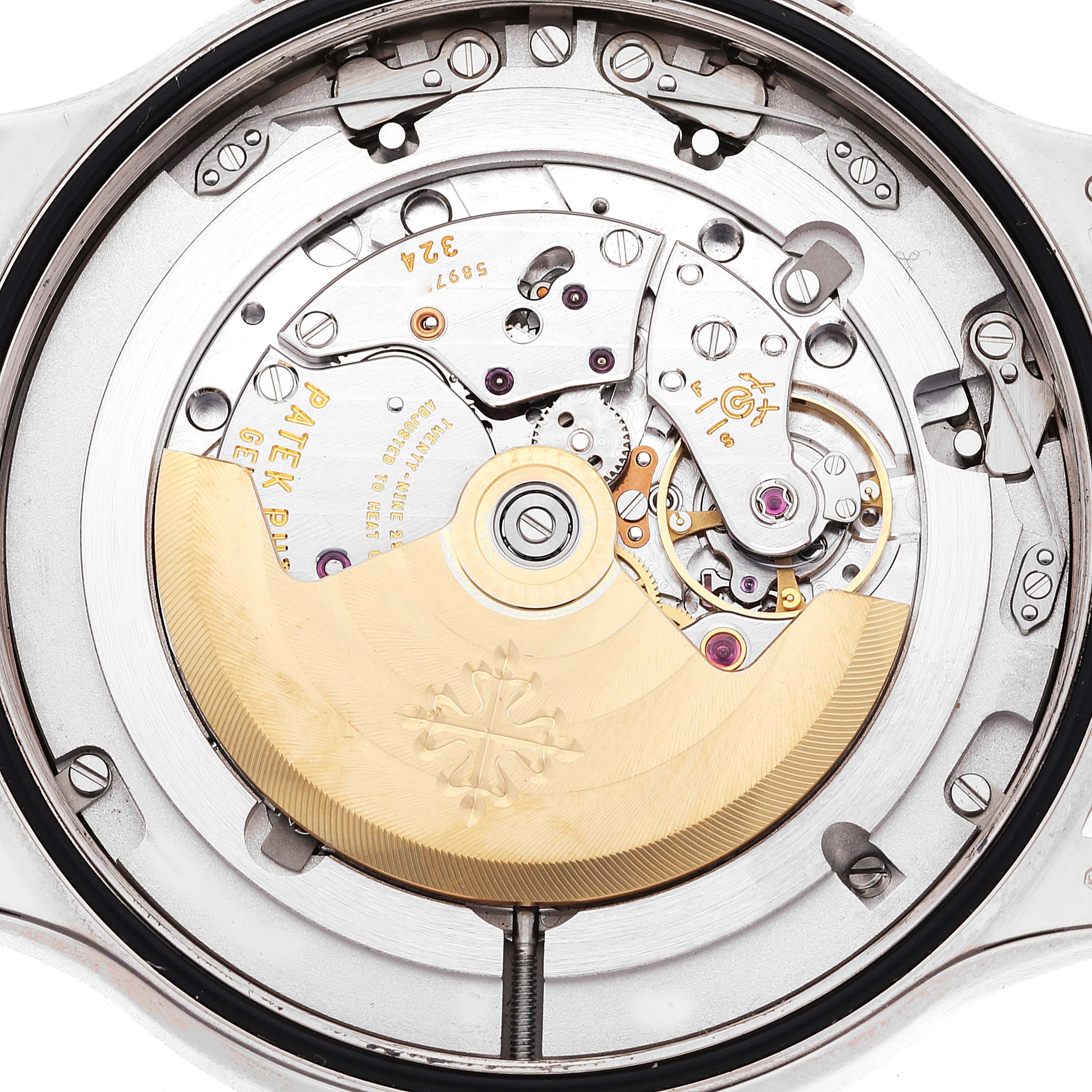 The image shows the back view of the movement of a Patek Philippe Calatrava 5524G-001 Men's White Gold Blue Dial 5524G-001 Men's White Gold Blue Dial watch.