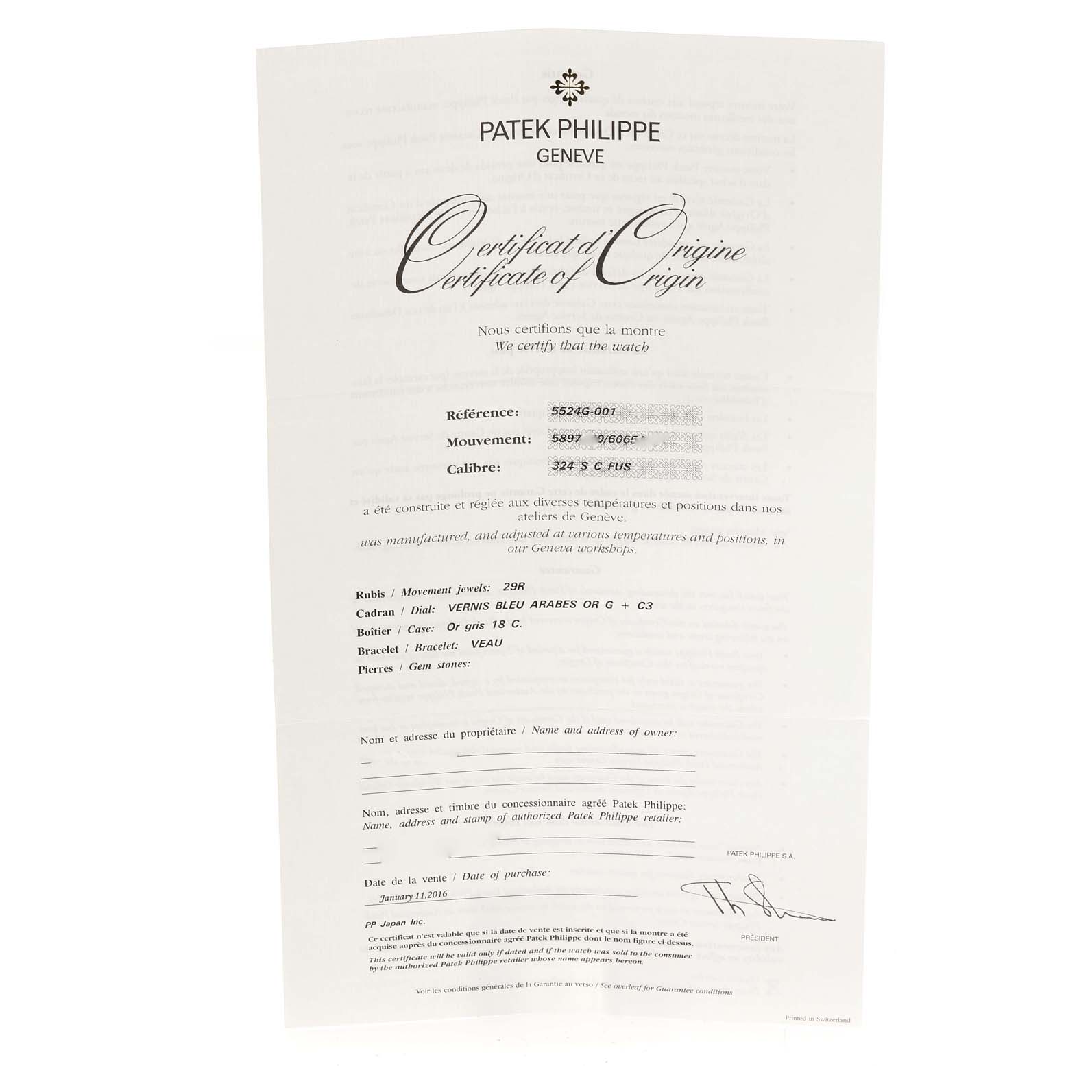 This image shows a Patek Philippe Certificate of Origin for the Calatrava model, displaying watch details and specifications.