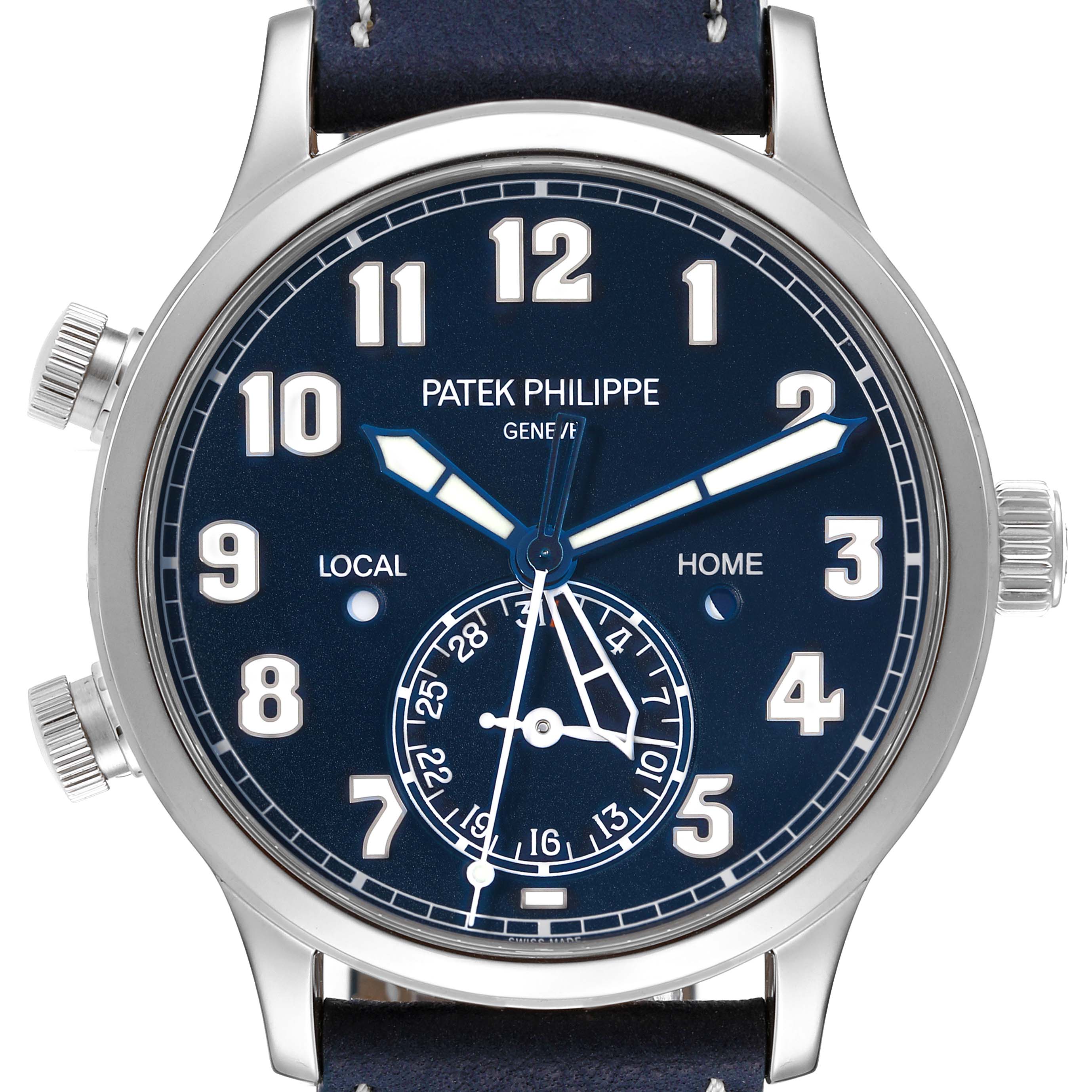 The image shows a front view of a Patek Philippe Calatrava 5524G-001 Men's White Gold Blue Dial 5524G-001 Men's White Gold Blue Dial watch, highlighting its dial, hands, and sub-dial.