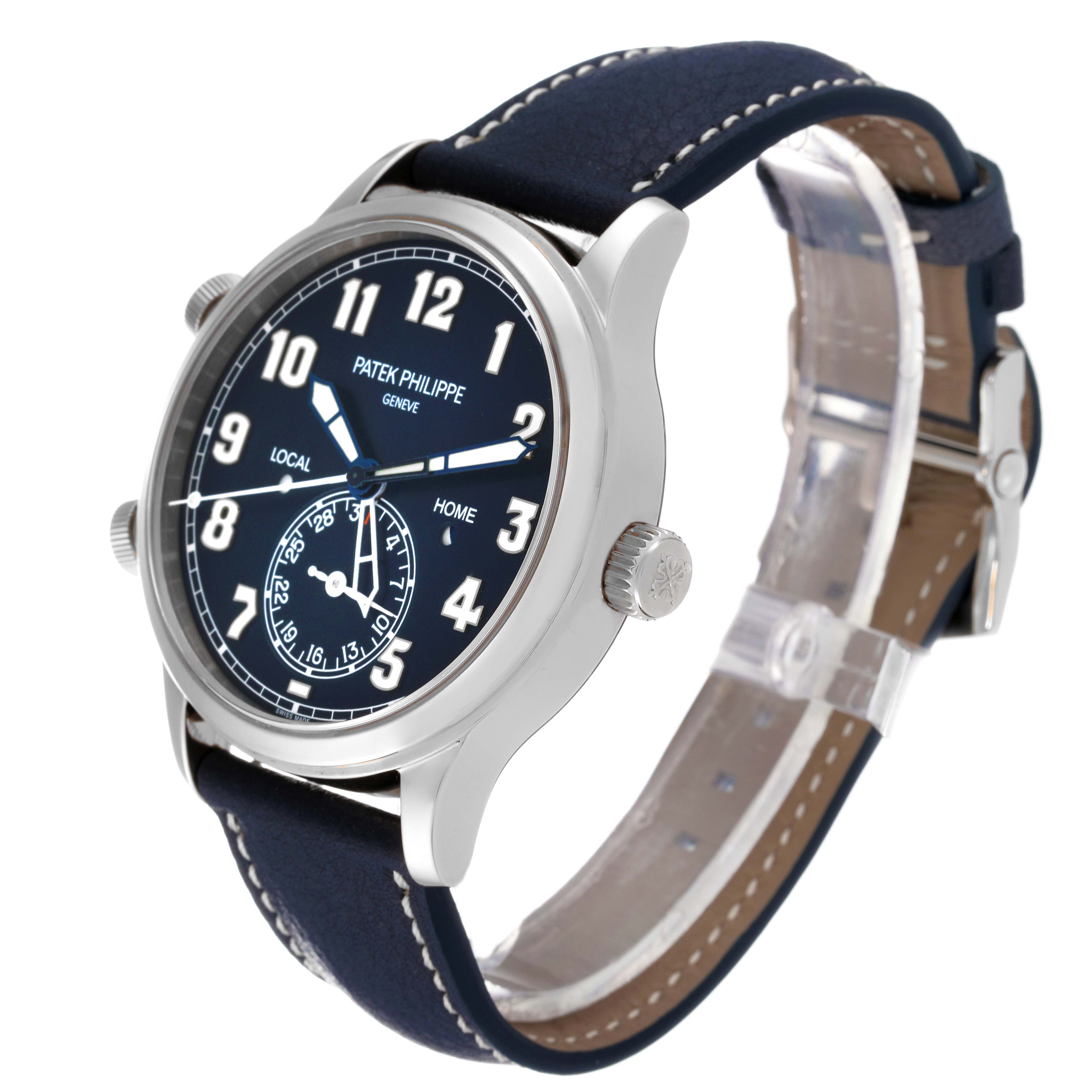 The image shows a Patek Philippe Calatrava 5524G-001 Men's White Gold Blue Dial 5524G-001 Men's White Gold Blue Dial watch at an angled side view, highlighting the dial, case, crown, and strap.