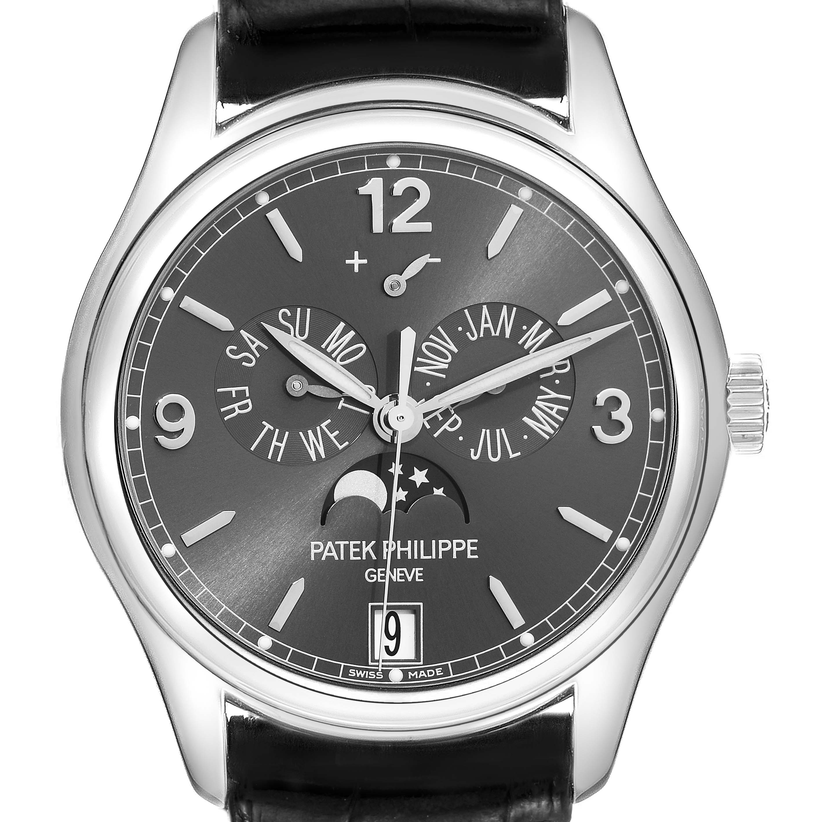 This image shows a frontal view of a Patek Philippe Complications 5146G Men's White Gold Grey Dial 5146G Men's White Gold Grey Dial watch, displaying its dial with various complications.