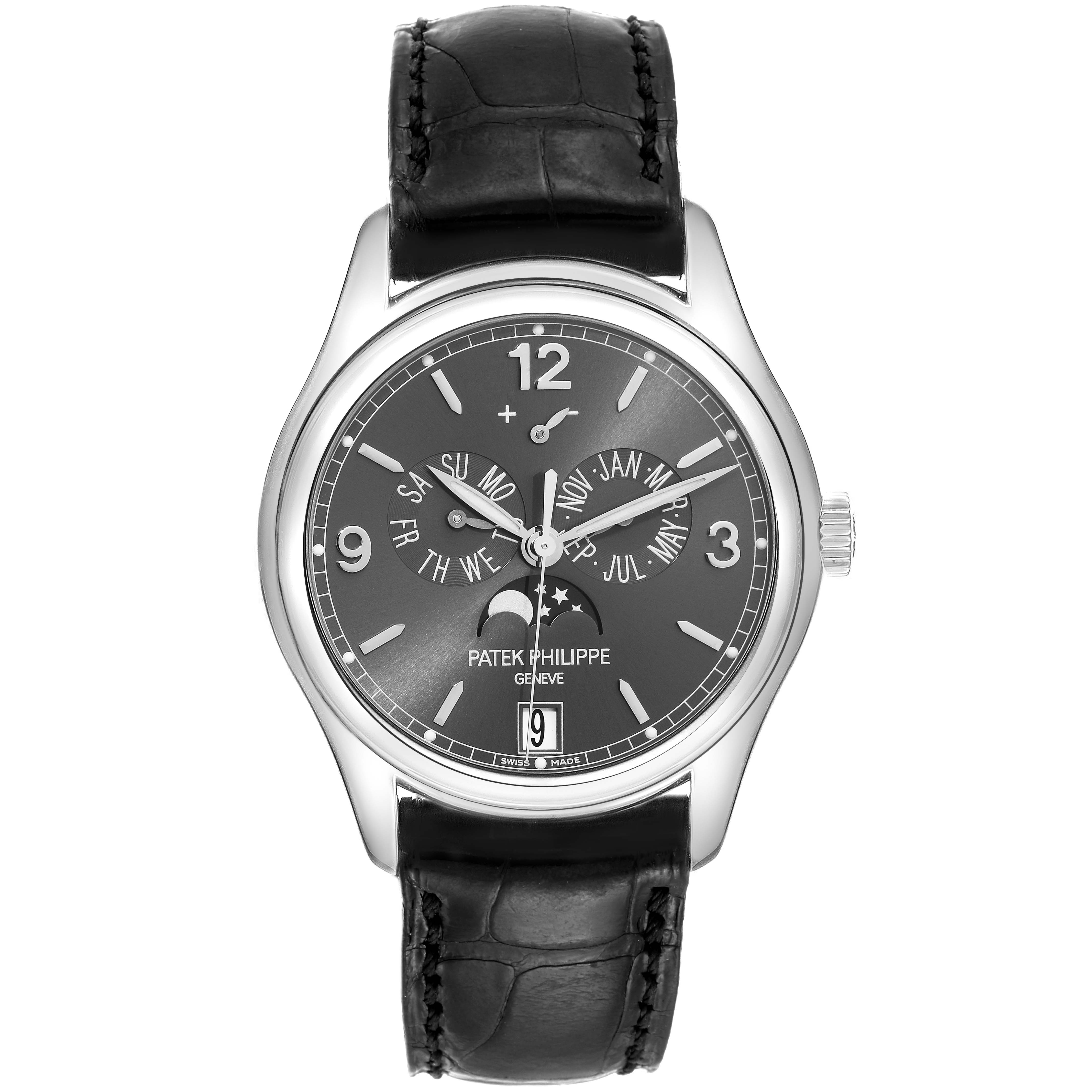 This image shows a Patek Philippe Complications 5146G Men's White Gold Grey Dial 5146G Men's White Gold Grey Dial model watch from a front view, displaying its dial and black leather strap.