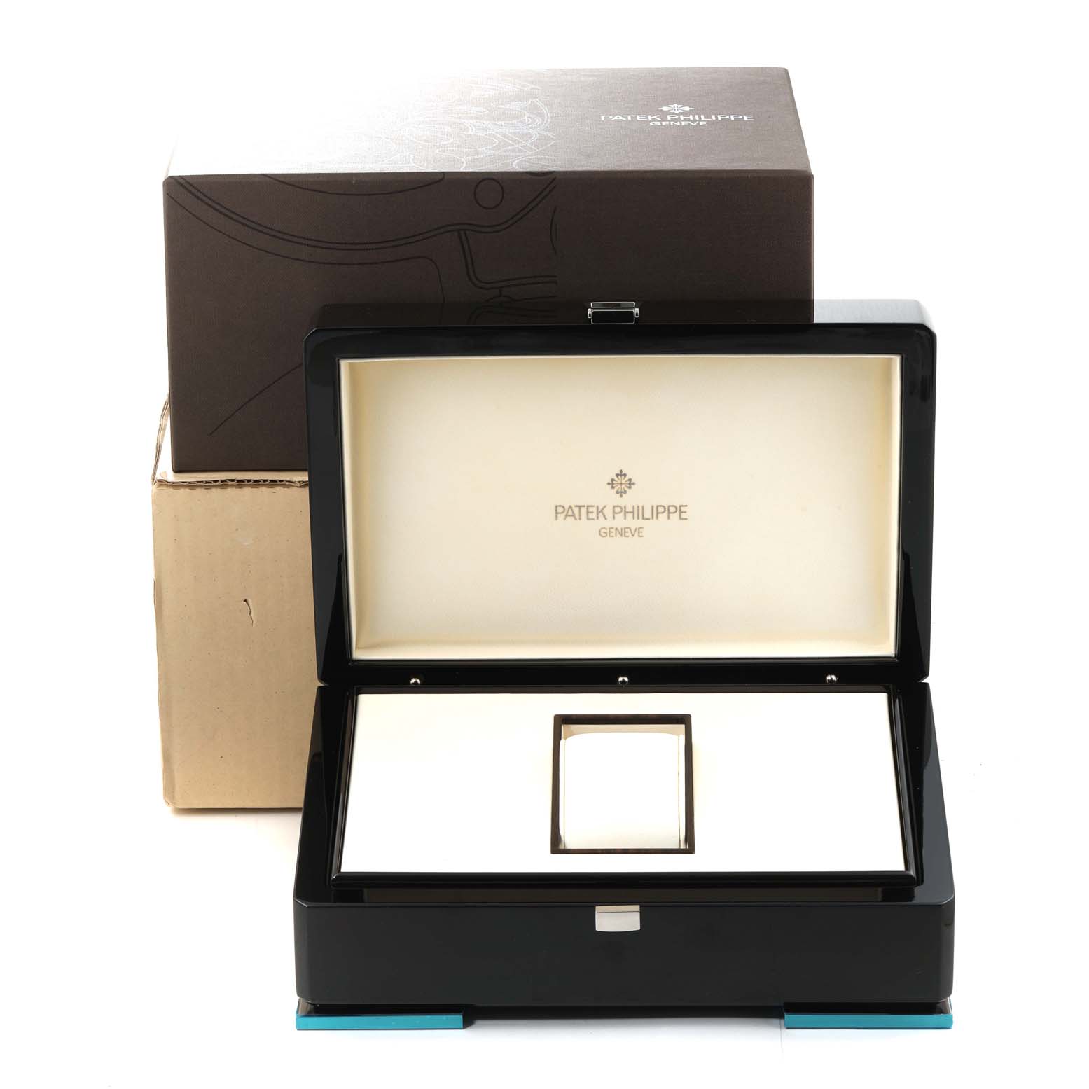 The image shows an open black Patek Philippe Complications 5146G Men's White Gold Grey Dial 5146G Men's White Gold Grey Dial watch box with the brand logo and an empty slot for the watch.