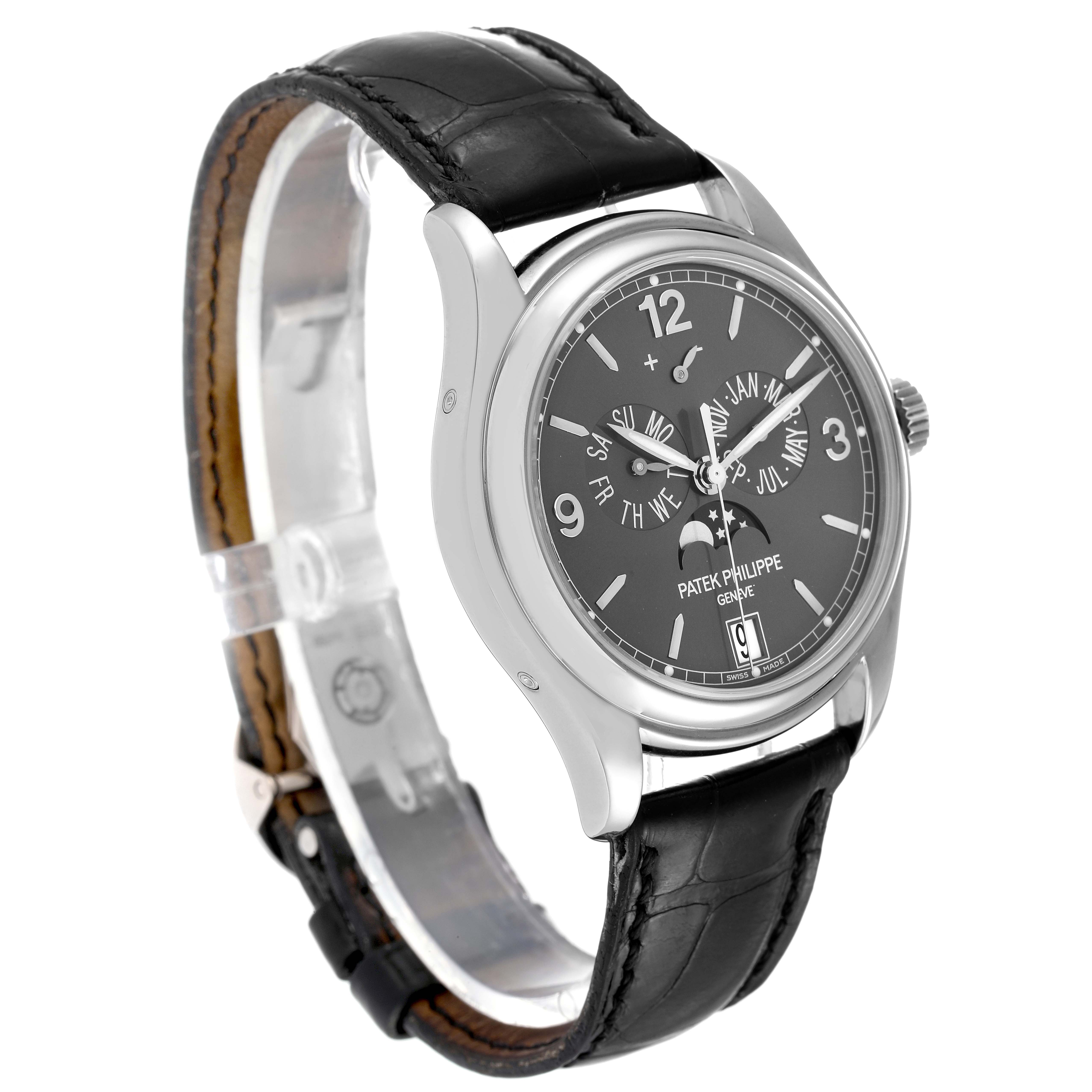 The image shows a Patek Philippe Complications 5146G Men's White Gold Grey Dial 5146G Men's White Gold Grey Dial model watch at a three-quarter angle, highlighting the face and black leather strap.