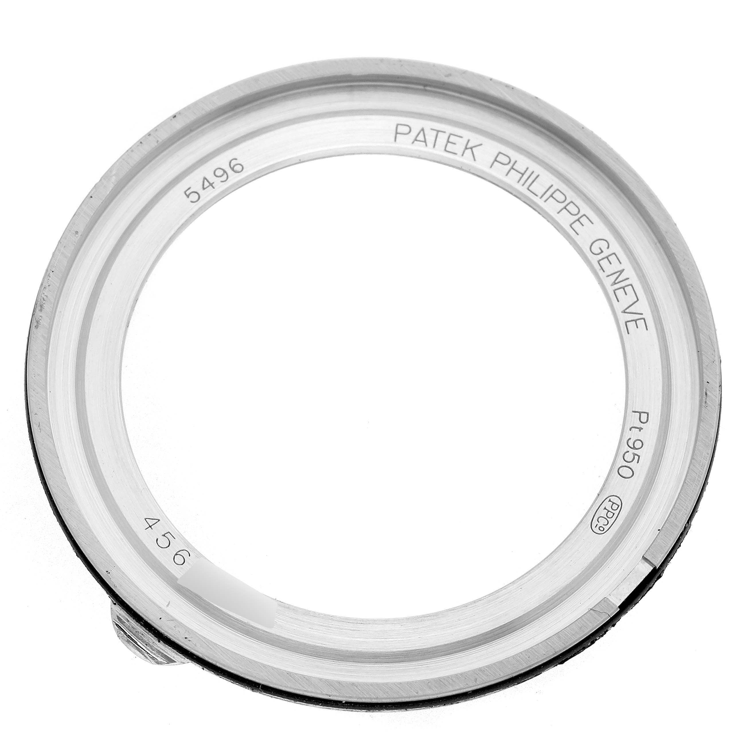 The image shows a top-down view of the Patek Philippe Complications 5496P-004 Men
s Platinum Silver Dial model watch bezel.