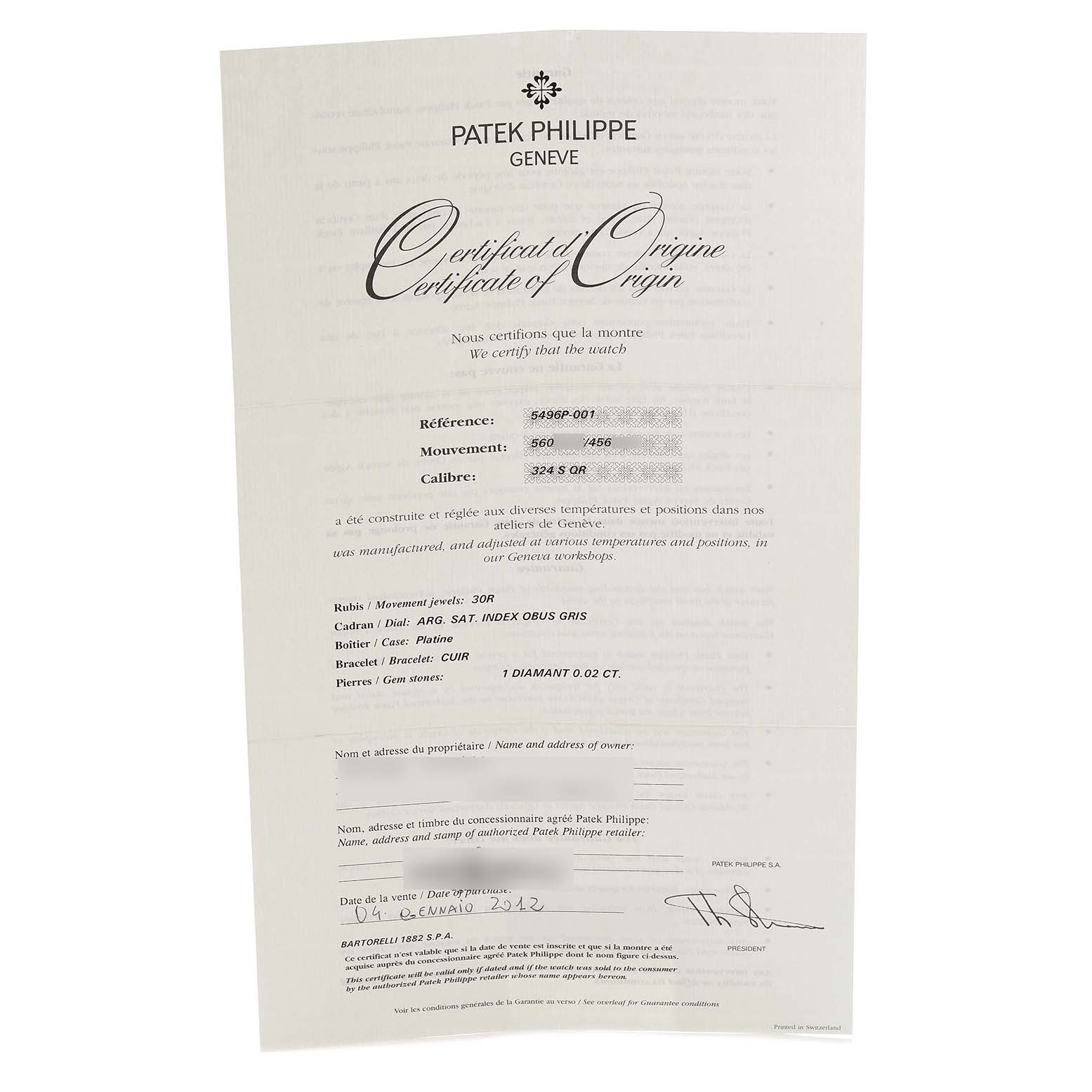 The image shows a Certificate of Origin for the Patek Philippe Complications 5496P-004 Men
s Platinum Silver Dial model, detailing reference and movement specifics.