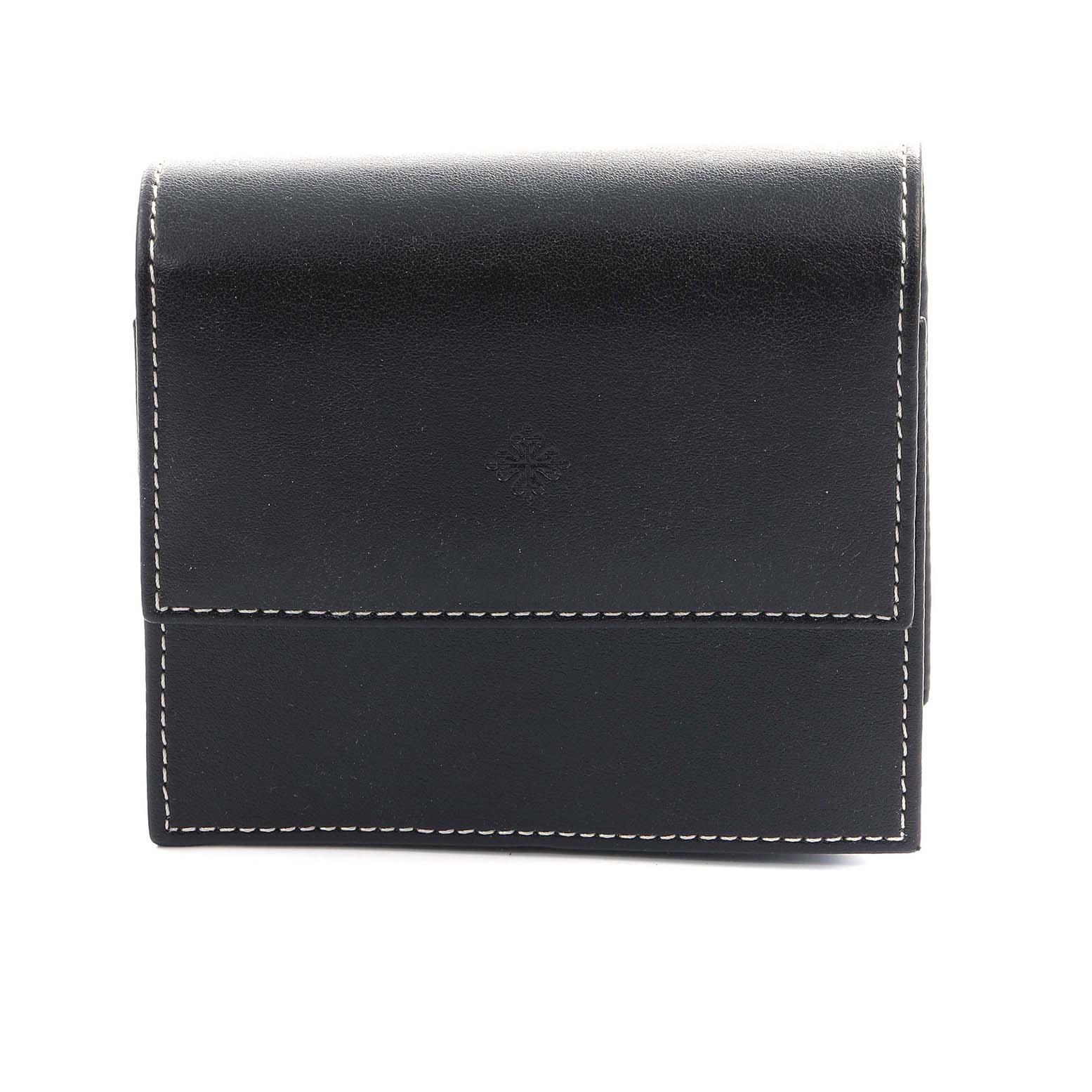 The image shows a black leather case for the Patek Philippe Twenty-4 4910 Women
s Stainless Steel Black Dial watch, viewed from the front.