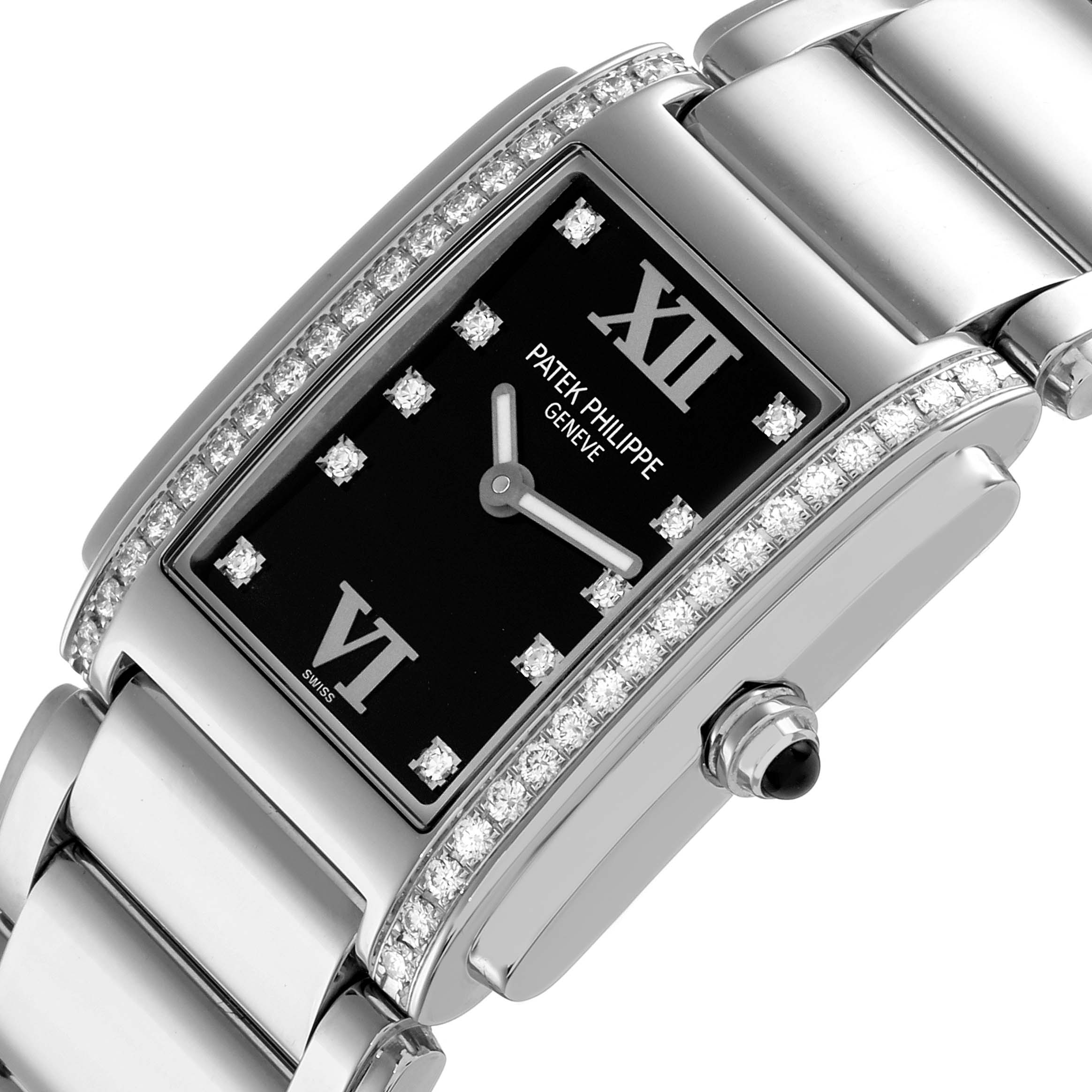 The image shows a close-up, angled view of the Patek Philippe Twenty-4 4910 Women
s Stainless Steel Black Dial watch face, bracelet, and diamond-set case details.