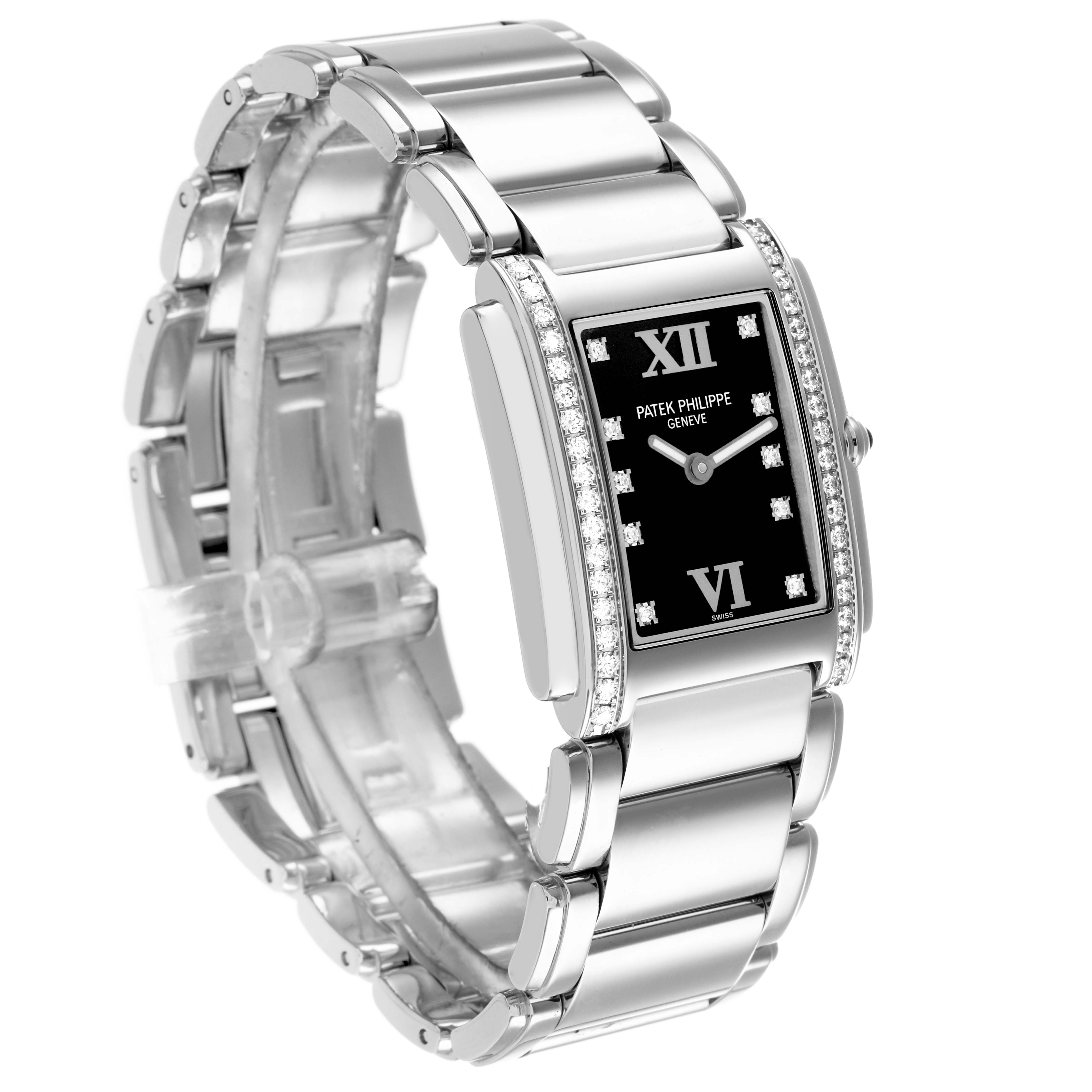 The Patek Philippe Twenty-4 4910 Women
s Stainless Steel Black Dial watch is shown at an angled view, displaying the rectangular face, bracelet, and side profile with diamonds.