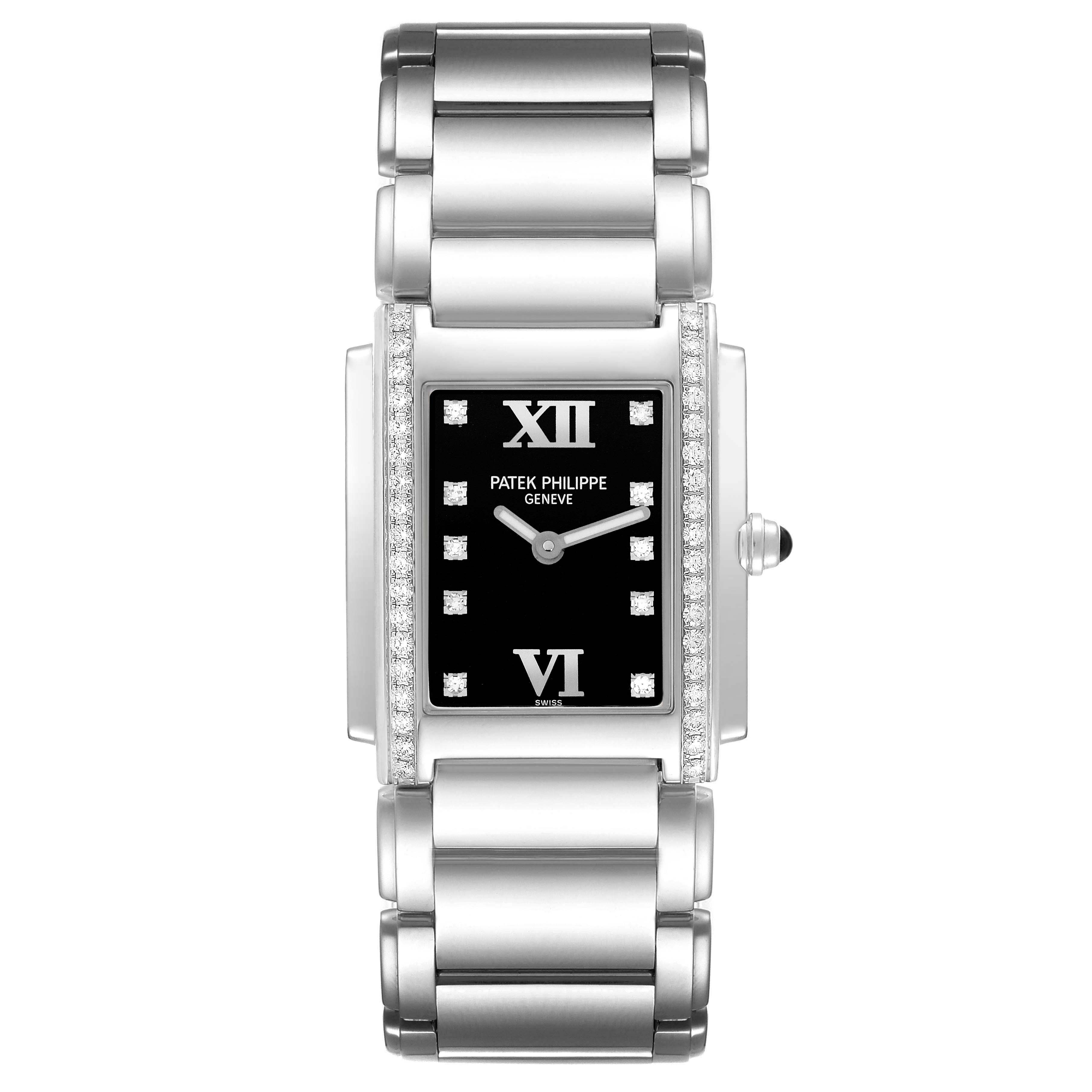 The Patek Philippe Twenty-4 4910 Women
s Stainless Steel Black Dial watch is shown from a front angle, highlighting its rectangular face, Roman numerals, and bracelet.