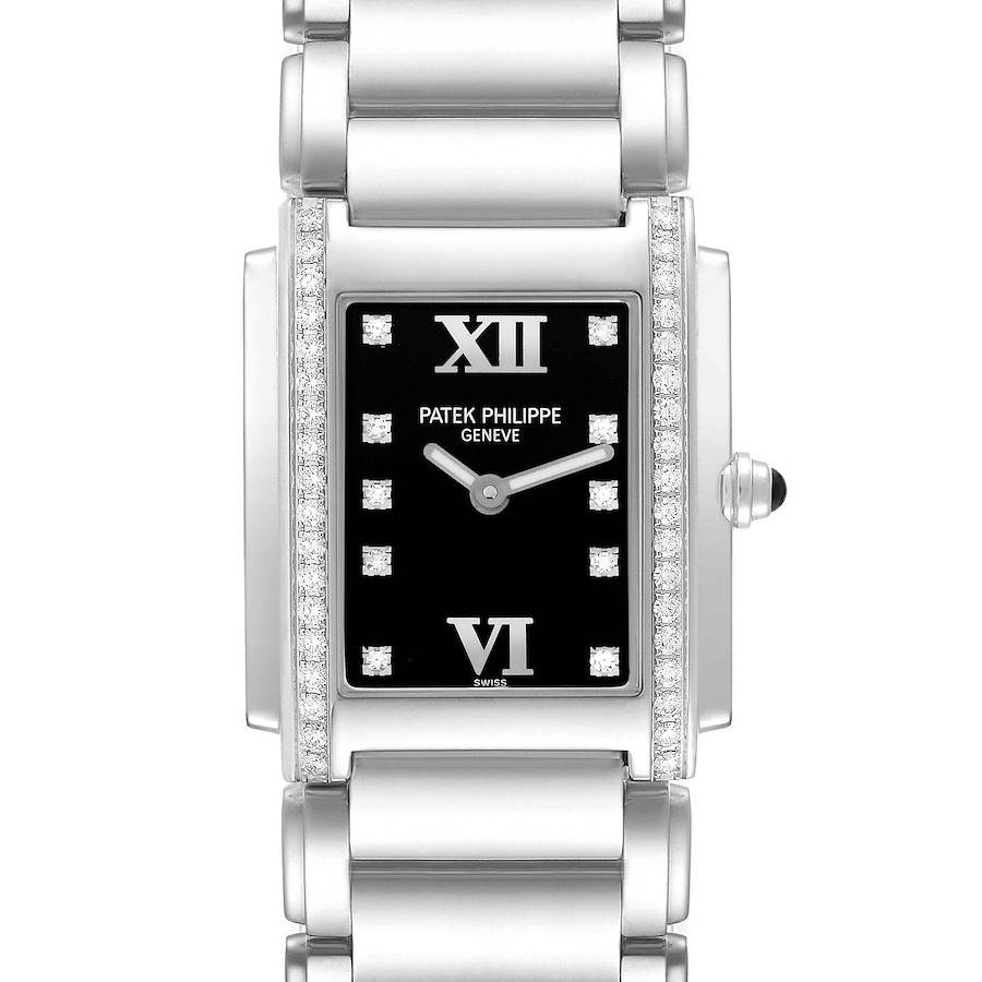 The Patek Philippe Twenty-4 4910 Women's Stainless Steel Black Dial watch is shown from the front, highlighting its rectangular face, bracelet, and side crown.