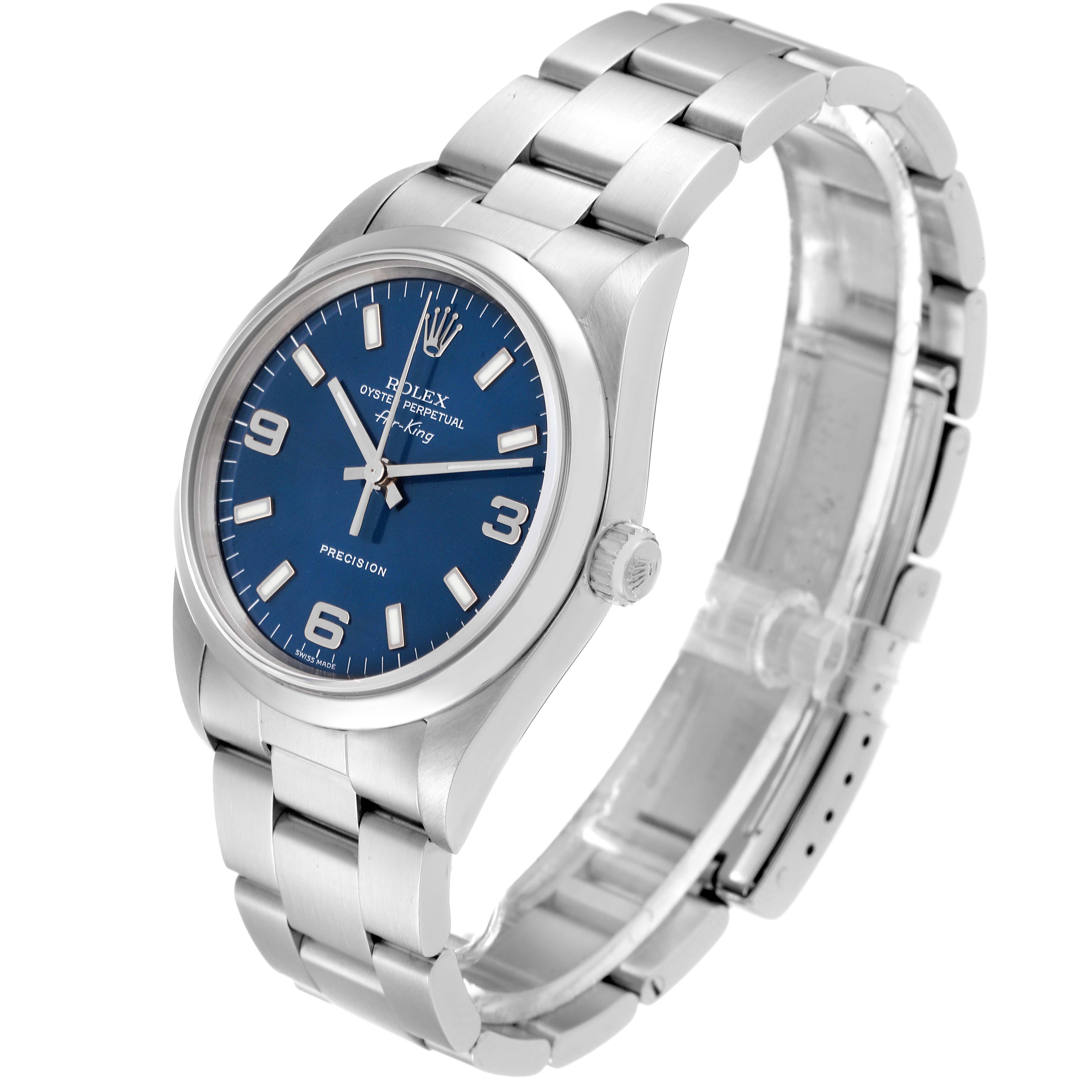 This is a side angle view of a Rolex Air-King 14000 Men's Stainless Steel Blue Dial 14000 Men's Stainless Steel Blue Dial watch, showcasing its blue dial, crown, and metal bracelet.