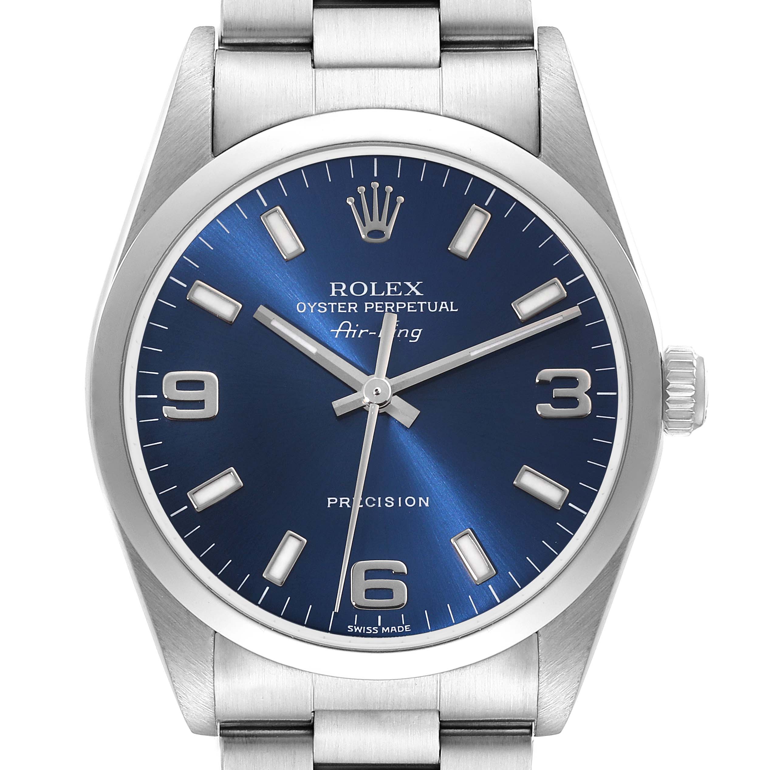 The image shows a front view of the Rolex Air-King 14000 Men's Stainless Steel Blue Dial 14000 Men's Stainless Steel Blue Dial watch, highlighting its blue dial, silver markers, and silver bracelet.