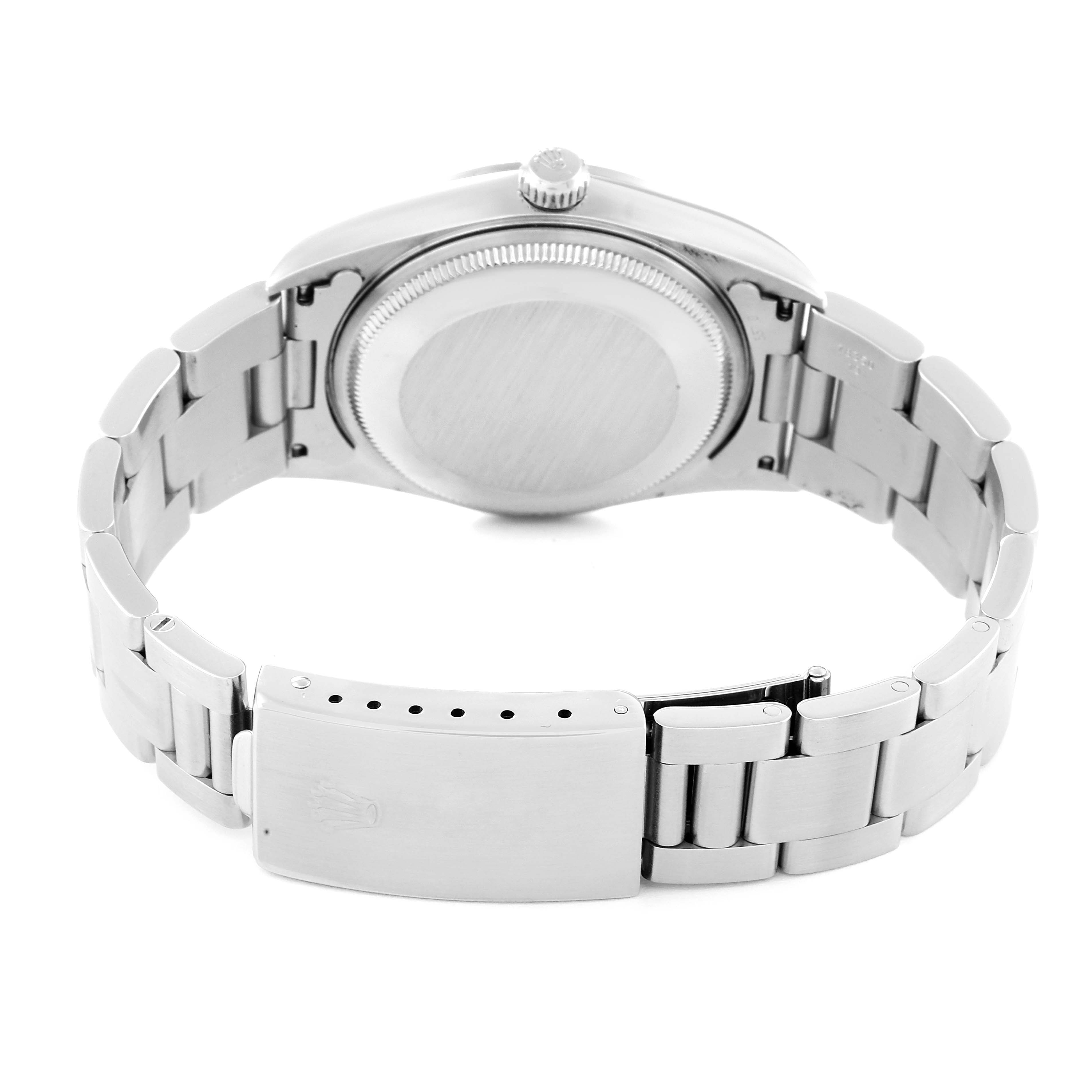 The image shows the back case and bracelet of a Rolex Air-King 14000 Men's Stainless Steel Blue Dial 14000 Men's Stainless Steel Blue Dial watch, viewed from the rear.