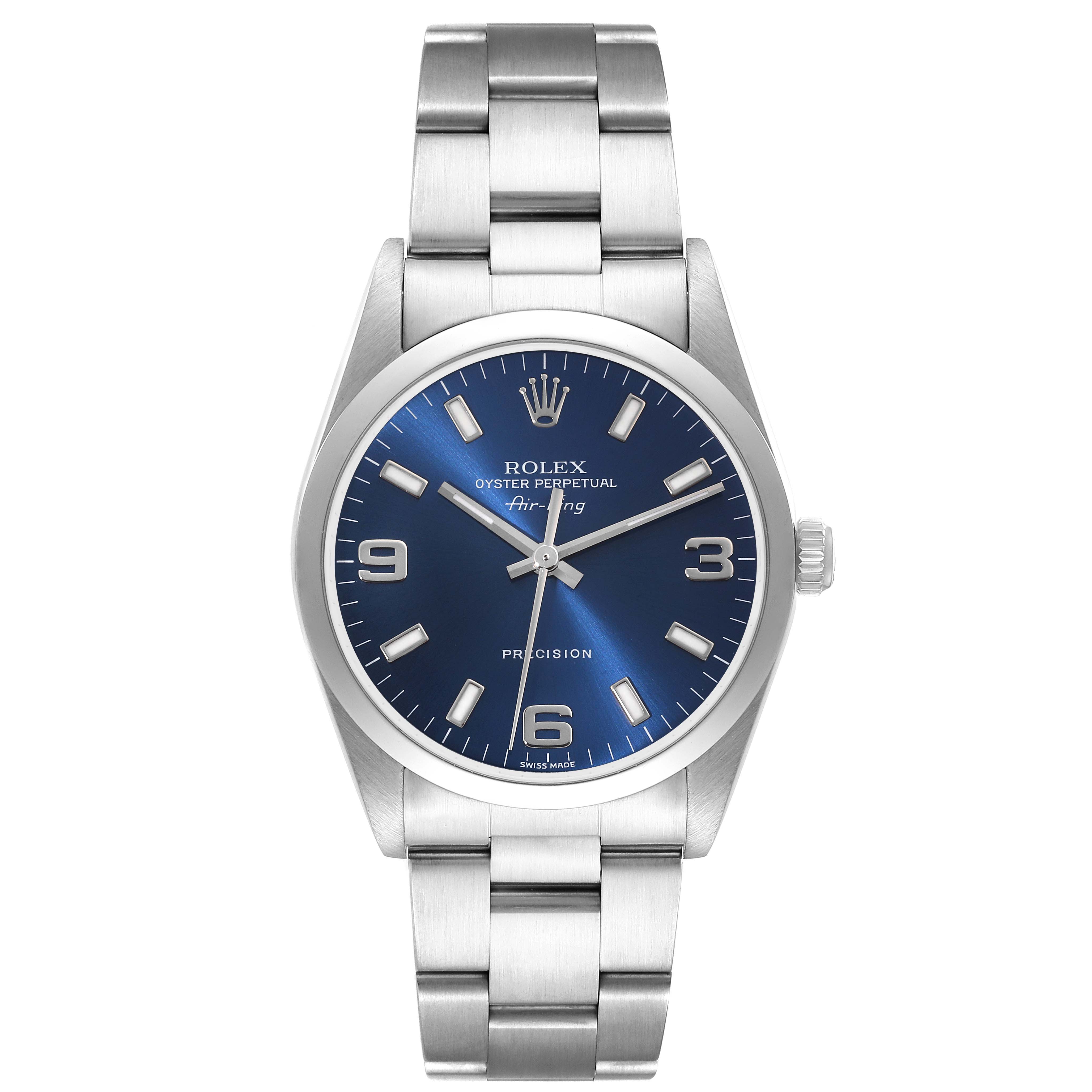 The image shows a frontal view of a Rolex Air-King 14000 Men's Stainless Steel Blue Dial 14000 Men's Stainless Steel Blue Dial watch, displaying the dial, hands, case, and bracelet.