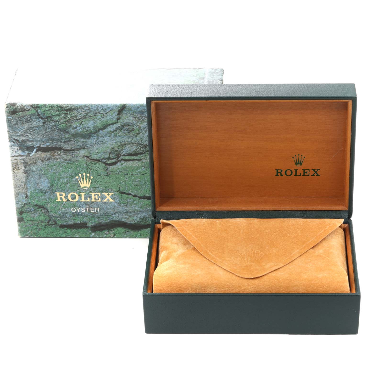 The image shows the packaging for a Rolex Air-King 14000 Men's Stainless Steel Blue Dial 14000 Men's Stainless Steel Blue Dial, including an open wooden watch box and cardboard outer box.