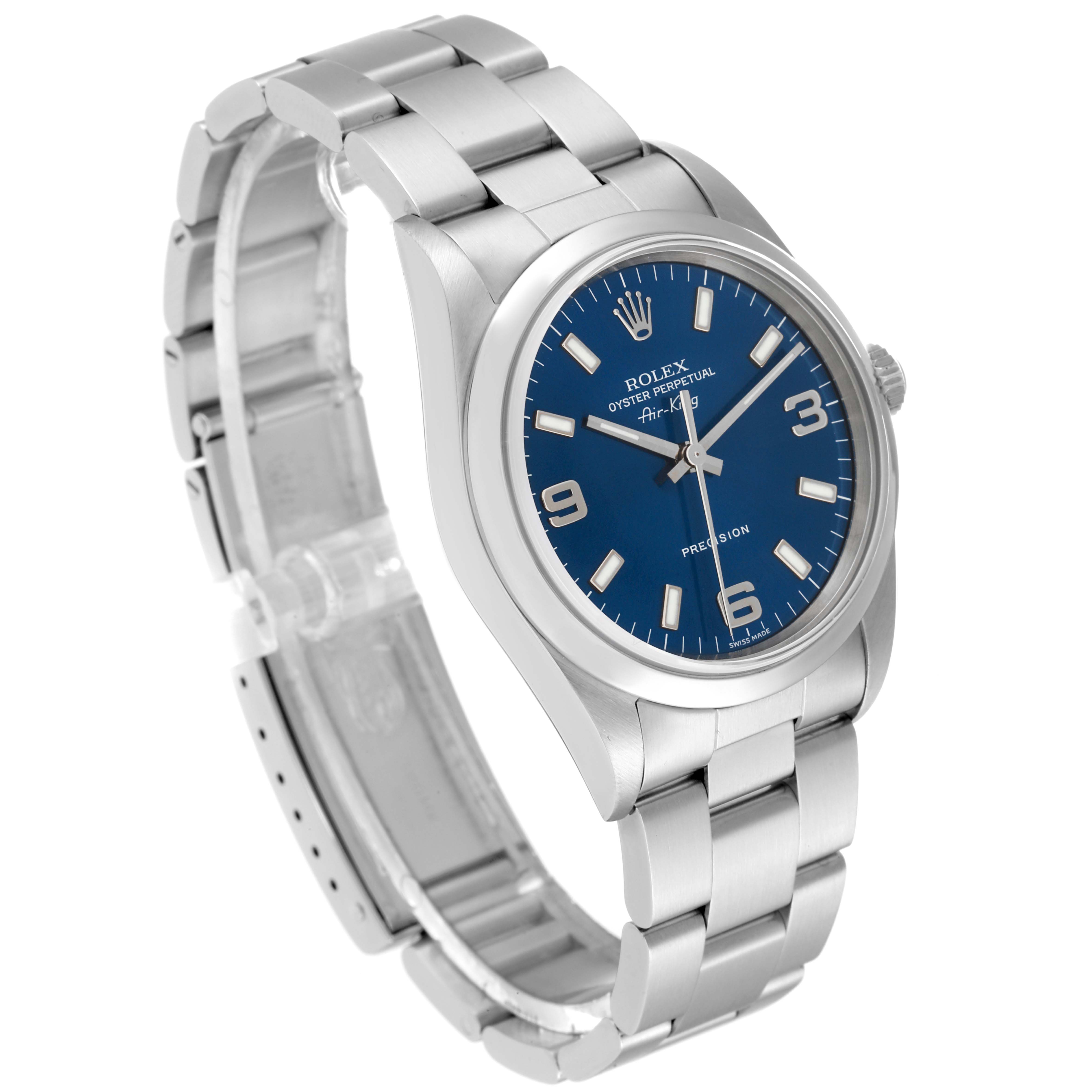 The image shows a Rolex Air-King 14000 Men's Stainless Steel Blue Dial 14000 Men's Stainless Steel Blue Dial watch at an oblique angle, highlighting its blue dial and stainless steel bracelet.
