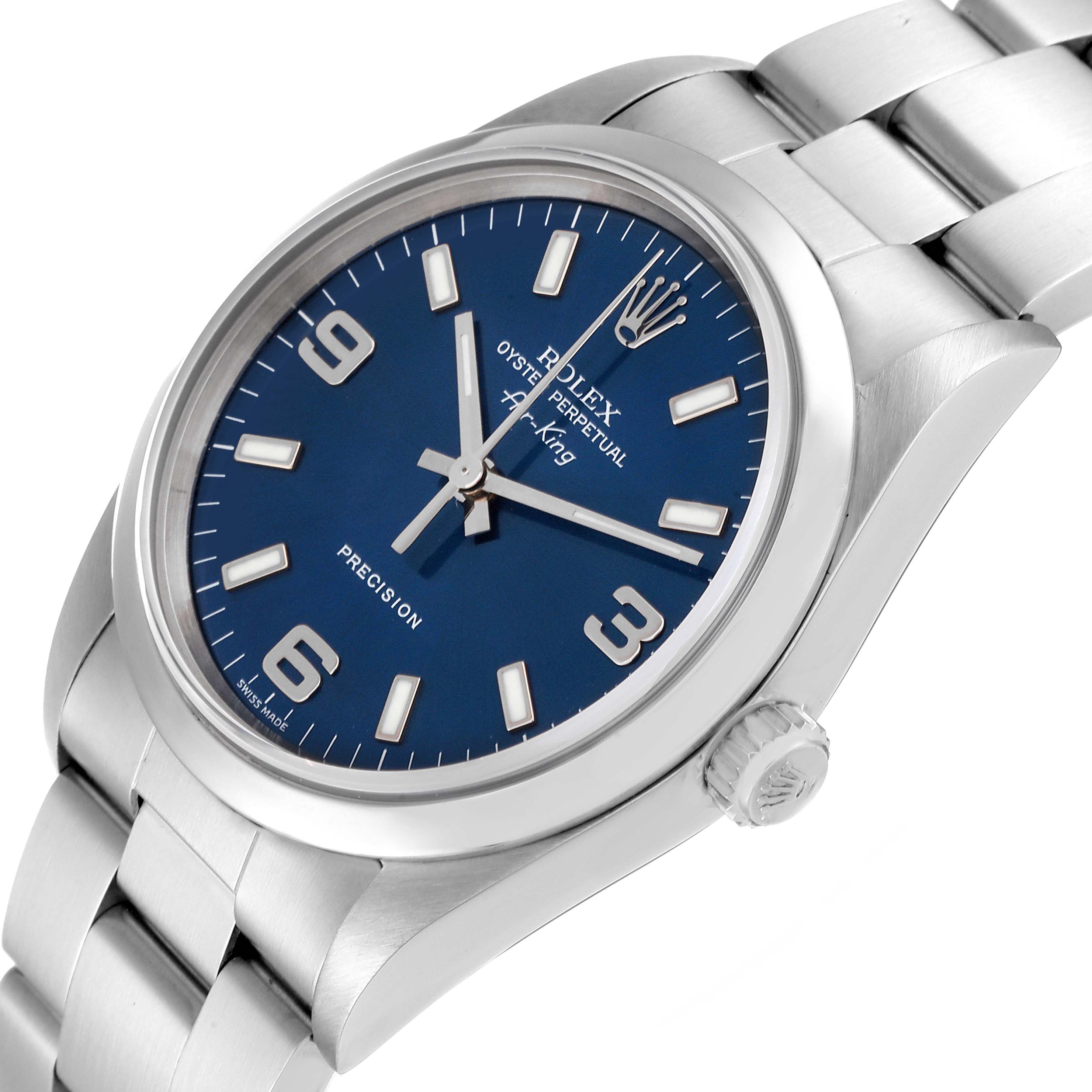 This image shows the front and part of the bracelet of the Rolex Air-King 14000 Men's Stainless Steel Blue Dial 14000 Men's Stainless Steel Blue Dial watch at a slight angle.