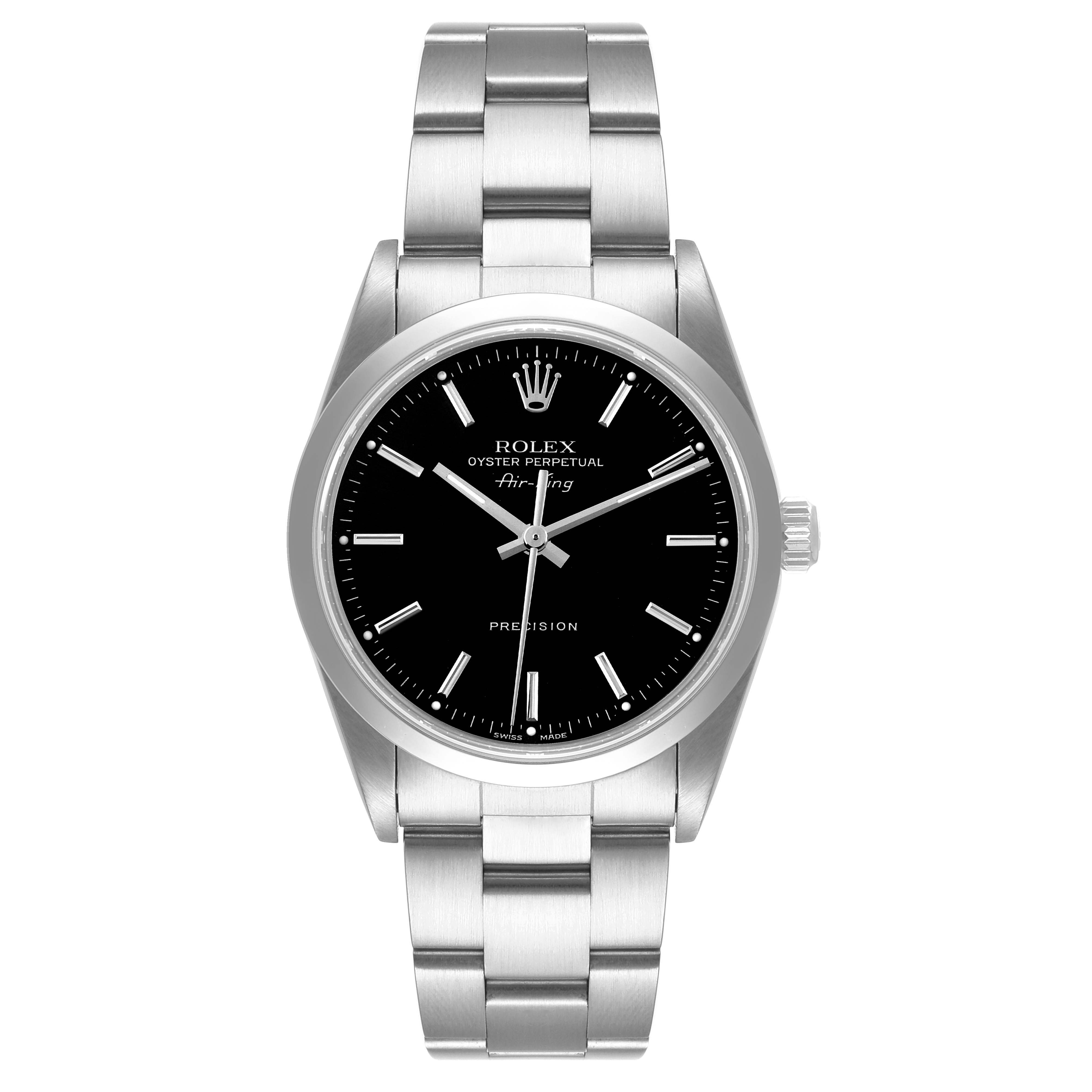 The Rolex Air-King 14000M Men's Stainless Steel Black Dial 14000M Men's Stainless Steel Black Dial watch is shown from the front, displaying its black dial, silver bracelet, and crown.
