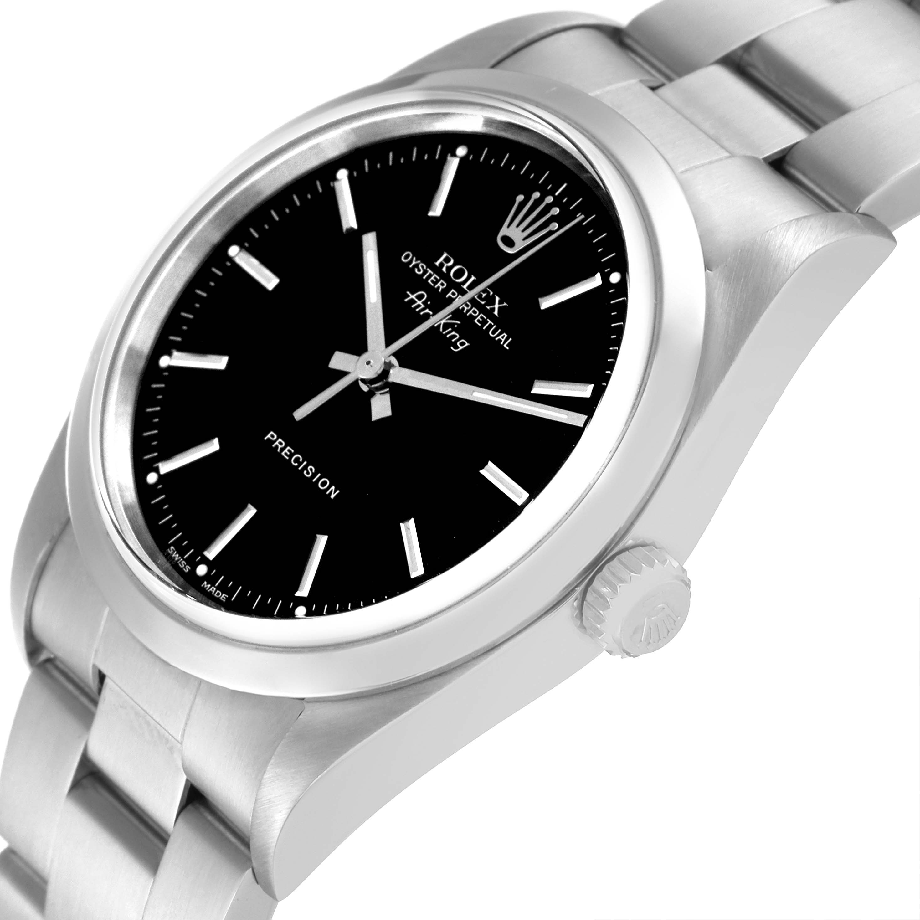 The image shows a close-up angled view of the Rolex Air-King 14000M Men's Stainless Steel Black Dial 14000M Men's Stainless Steel Black Dial watch, highlighting the dial, bezel, and part of the bracelet.