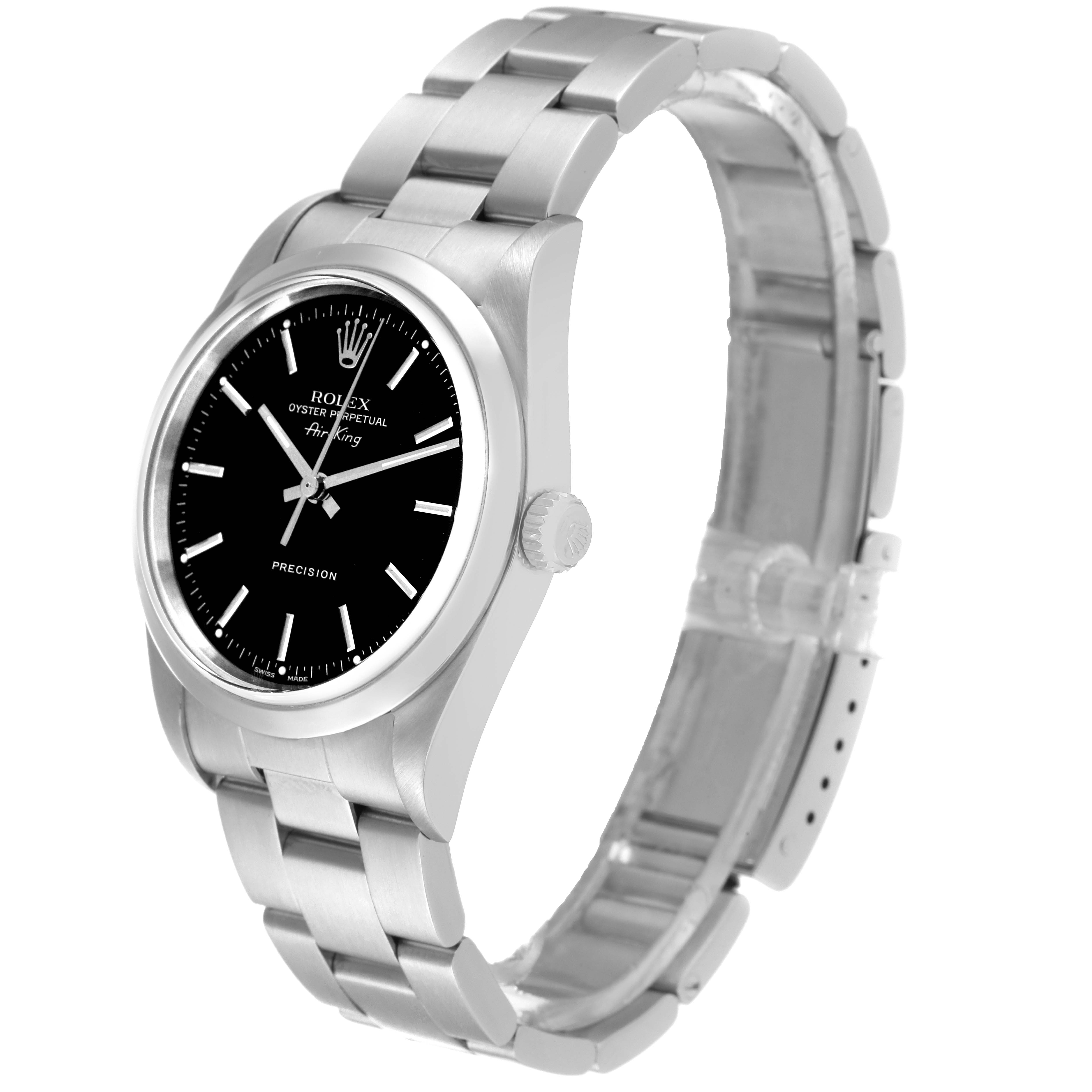 This image shows a side profile view of a Rolex Air-King 14000M Men's Stainless Steel Black Dial 14000M Men's Stainless Steel Black Dial watch, highlighting its black dial, stainless steel case, and bracelet.