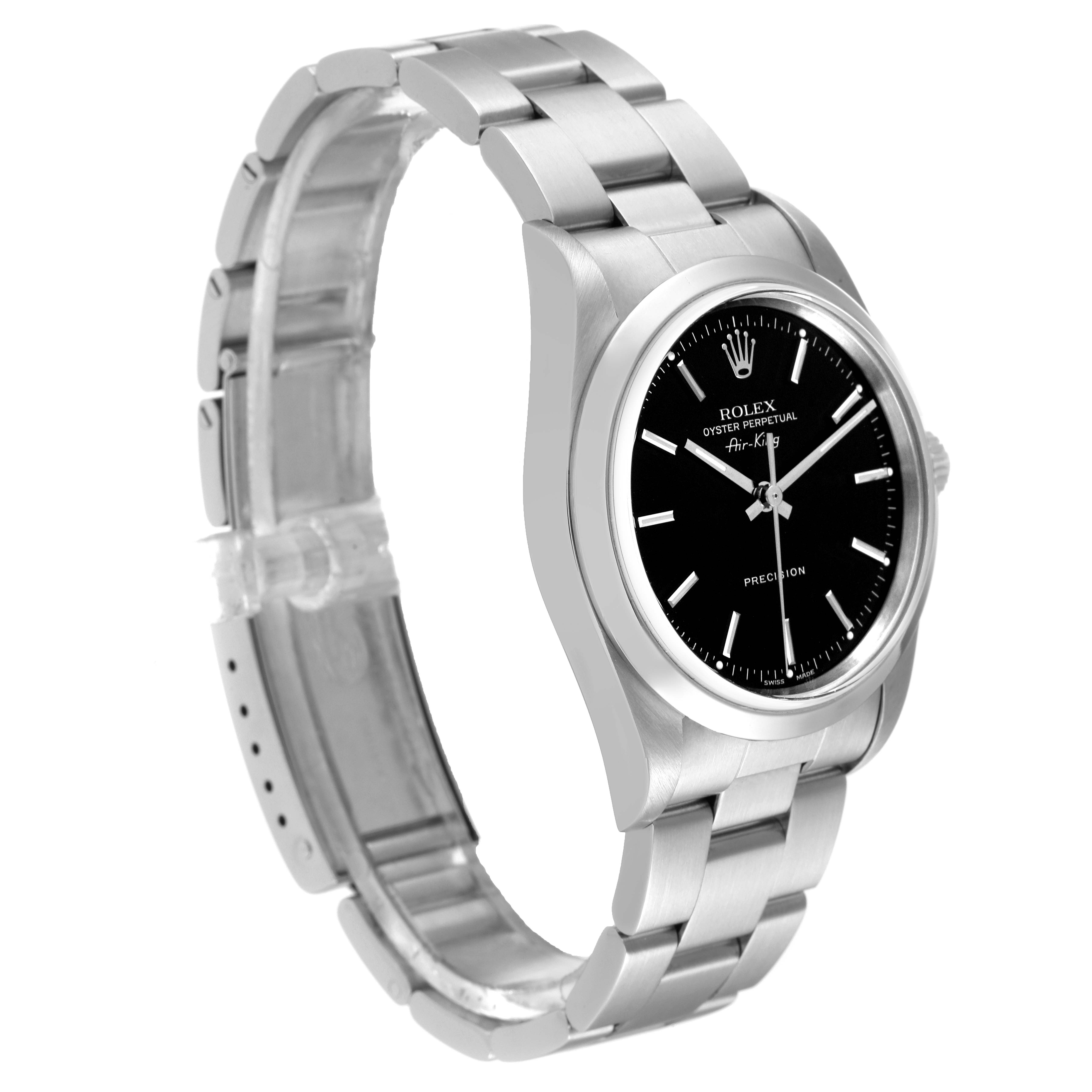 The image shows a Rolex Air-King 14000M Men's Stainless Steel Black Dial 14000M Men's Stainless Steel Black Dial watch from a side angle, displaying the face, bezel, case, and part of the band.