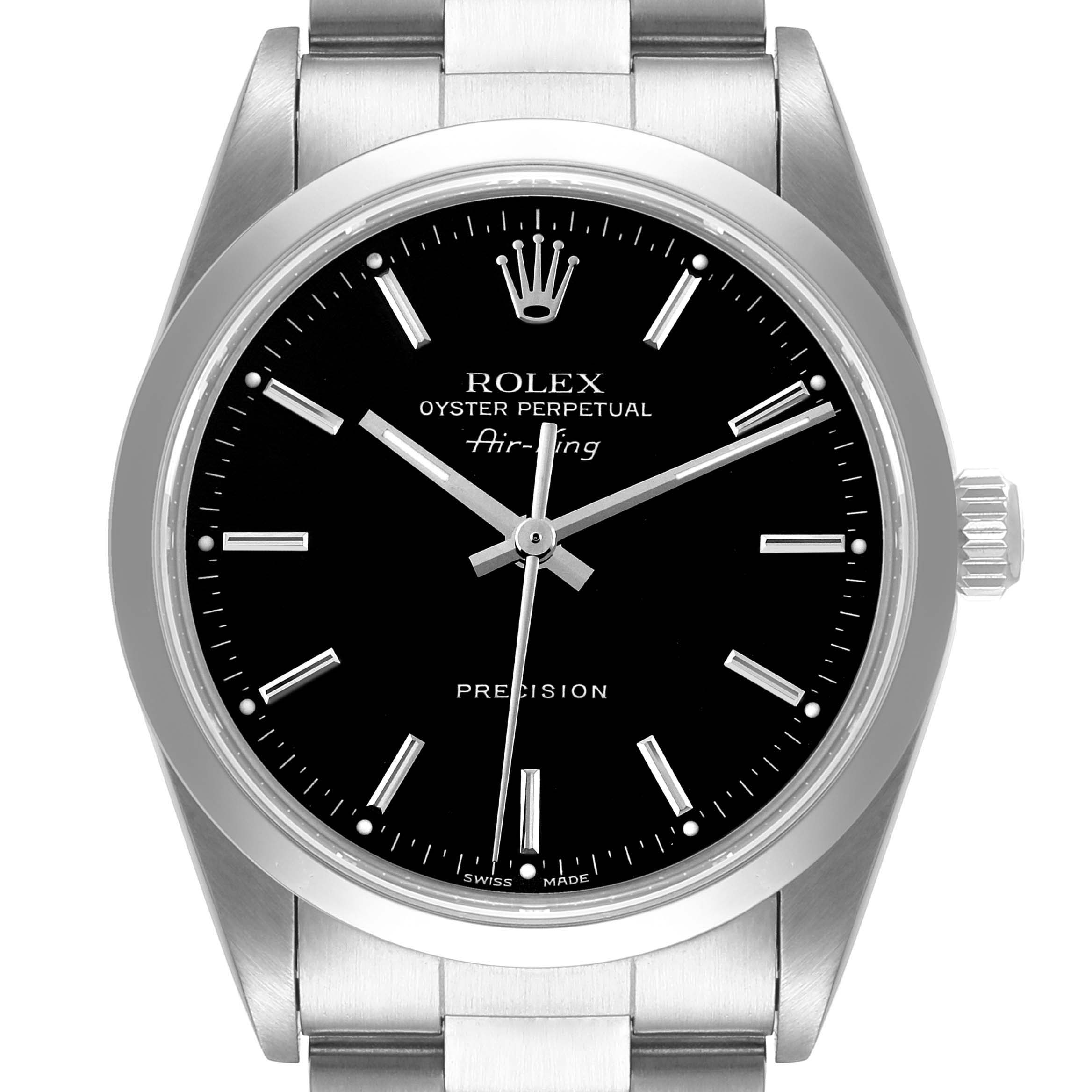 The image shows a front view of a Rolex Air-King 14000M Men's Stainless Steel Black Dial 14000M Men's Stainless Steel Black Dial watch, highlighting the black dial, hour markers, hands, and part of the metal bracelet.