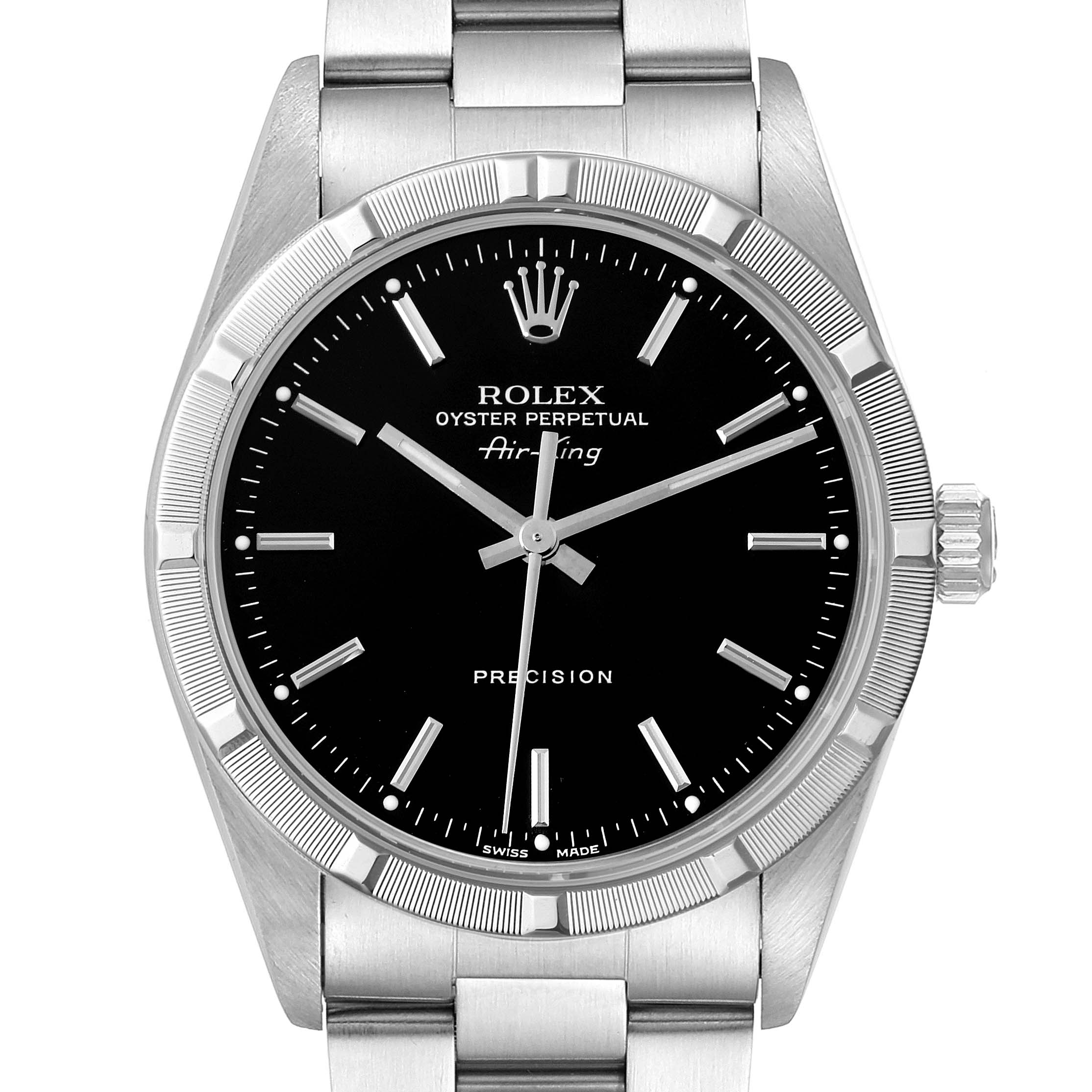 The image shows a front view of a Rolex Air-King 14010 Men's Stainless Steel Black Dial 14010 Men's Stainless Steel Black Dial watch, displaying its black dial, silver markers, and stainless steel bracelet.