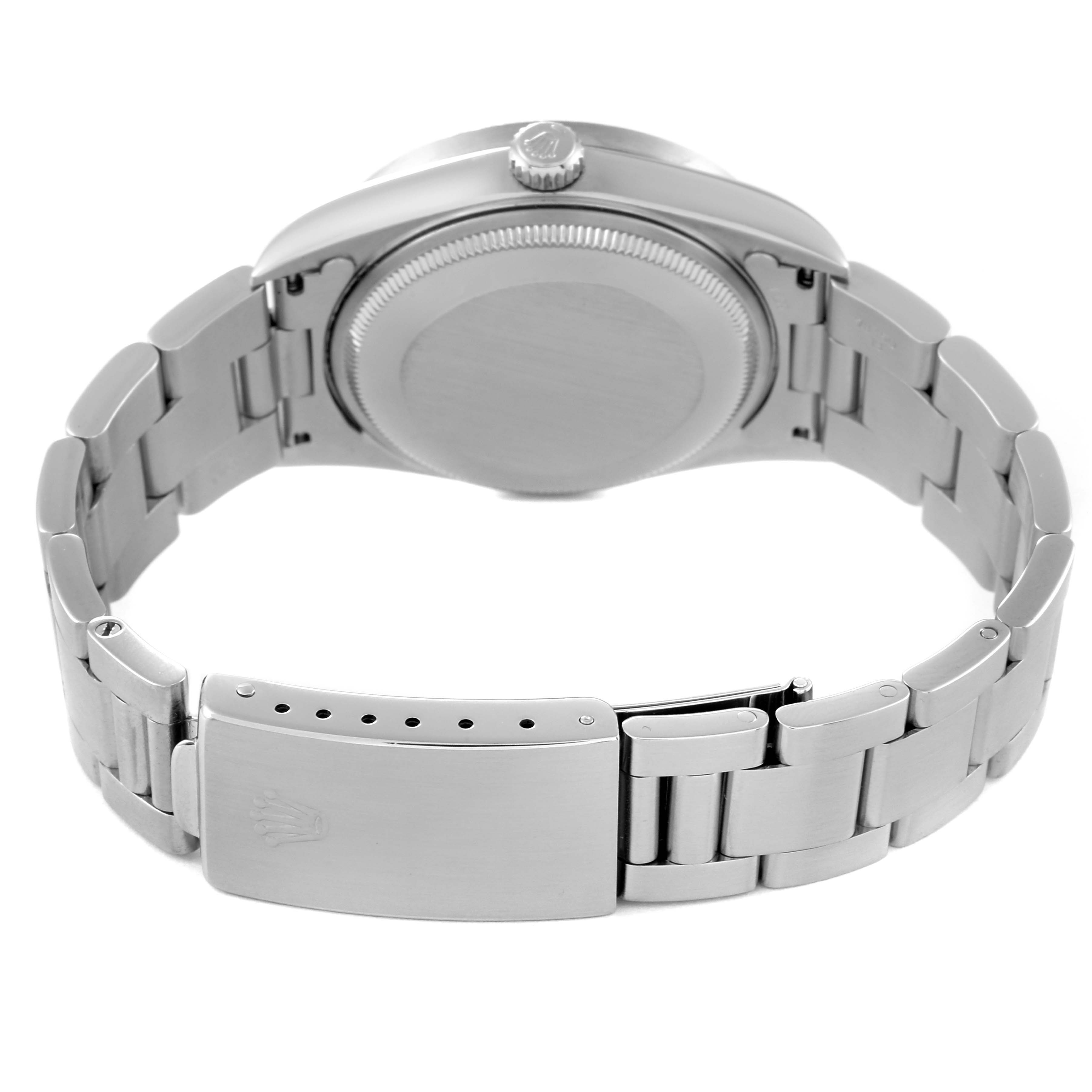 The image shows the back view of a Rolex Air-King 14010 Men's Stainless Steel Black Dial 14010 Men's Stainless Steel Black Dial watch, highlighting the case back, bracelet, and clasp.