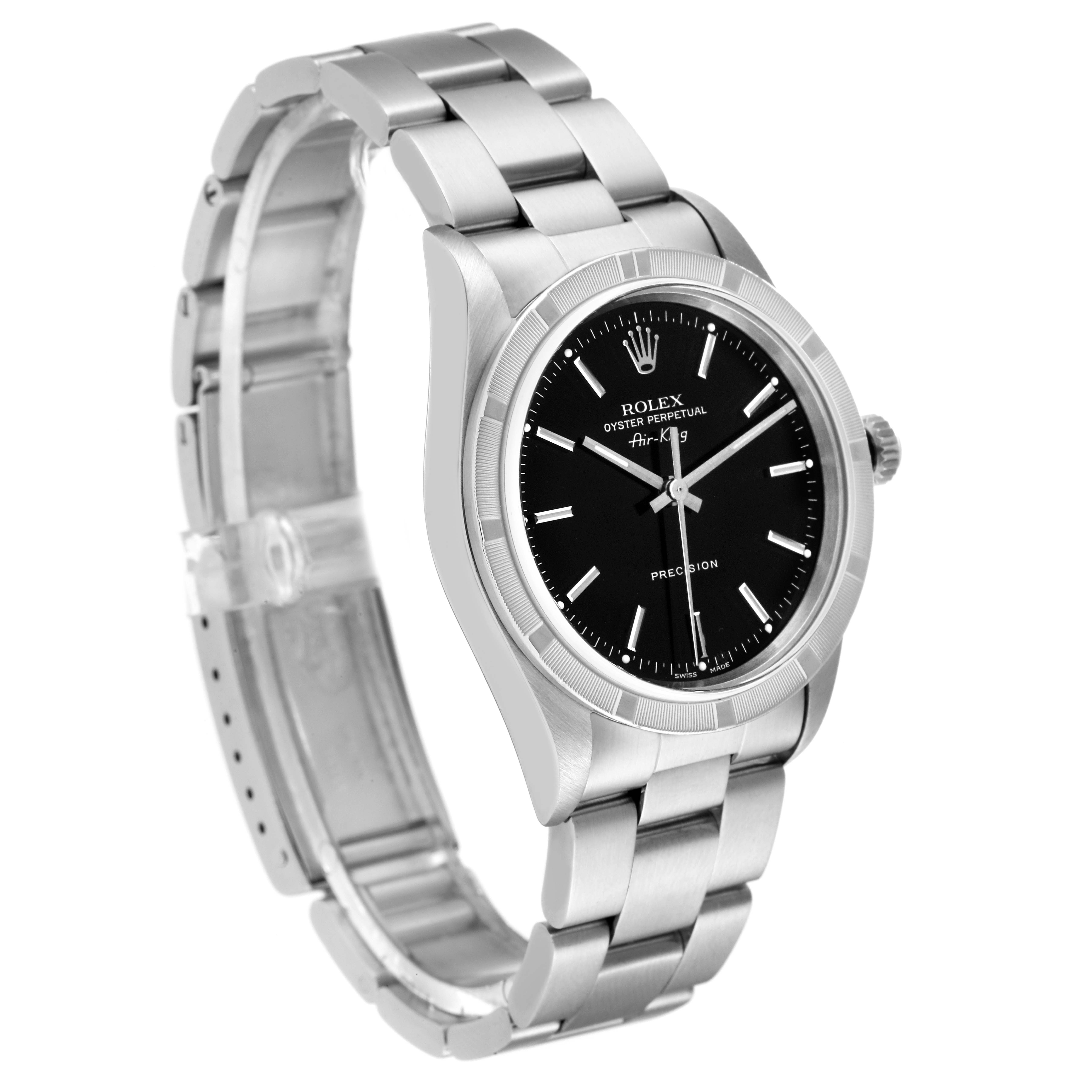 The image shows a Rolex Air-King 14010 Men's Stainless Steel Black Dial 14010 Men's Stainless Steel Black Dial watch at a front-side angle, displaying the face, bezel, and part of the bracelet.