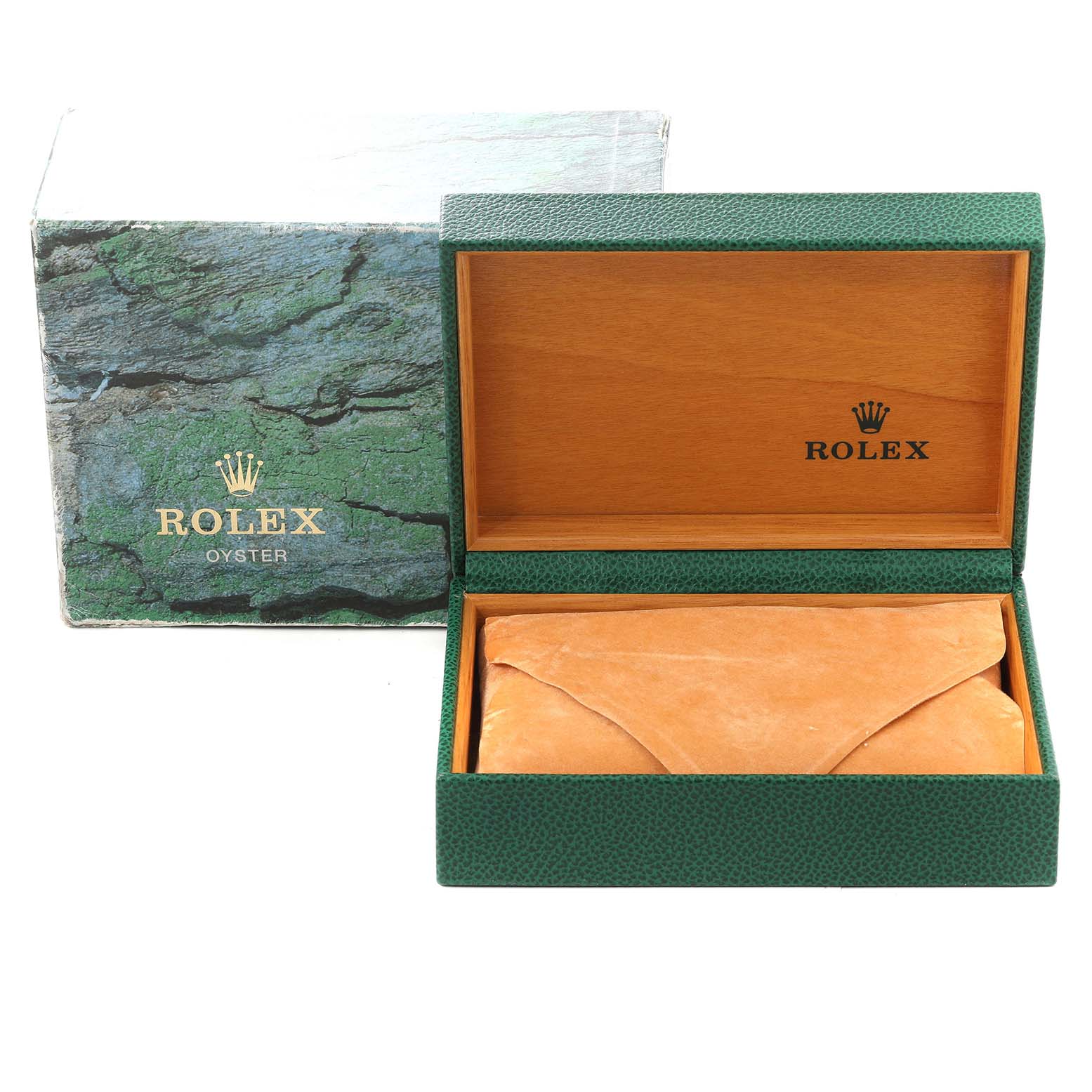 The image shows a Rolex Air-King 14010 Men's Stainless Steel Black Dial 14010 Men's Stainless Steel Black Dial watch box set, including the outer green box and the inner green and wooden case with a tan pouch inside.