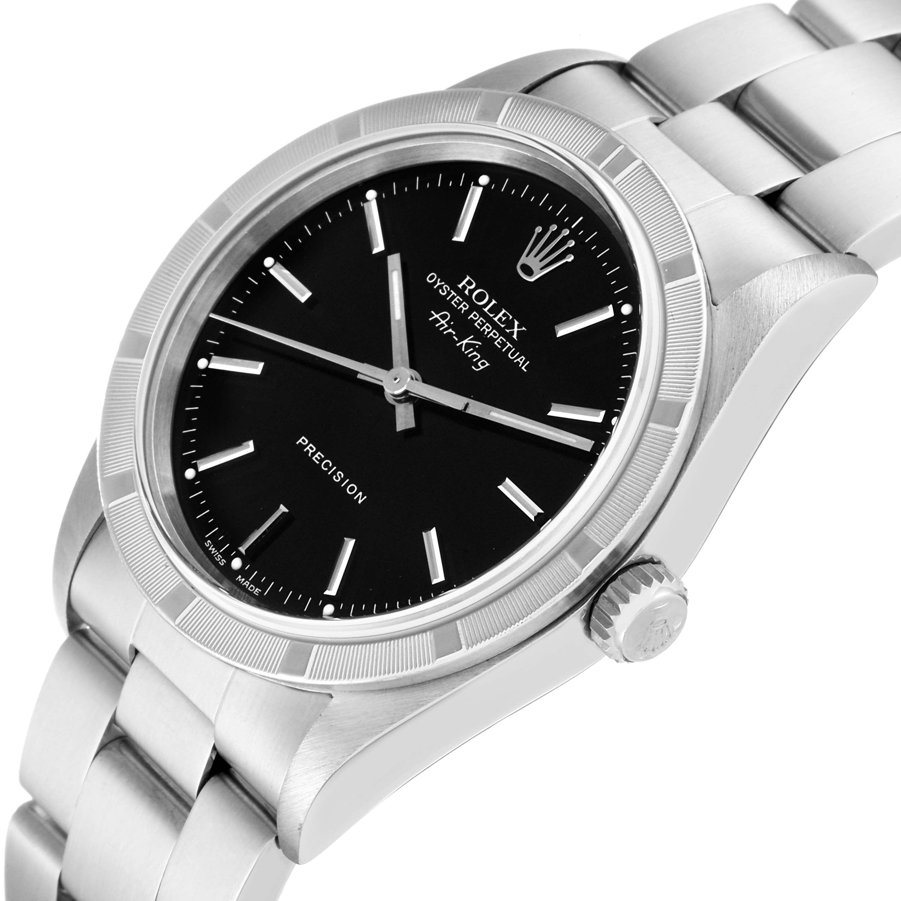This image shows a Rolex Air-King 14010 Men's Stainless Steel Black Dial 14010 Men's Stainless Steel Black Dial watch at a slightly angled view, highlighting its black dial, stainless steel case, bezel, and bracelet.