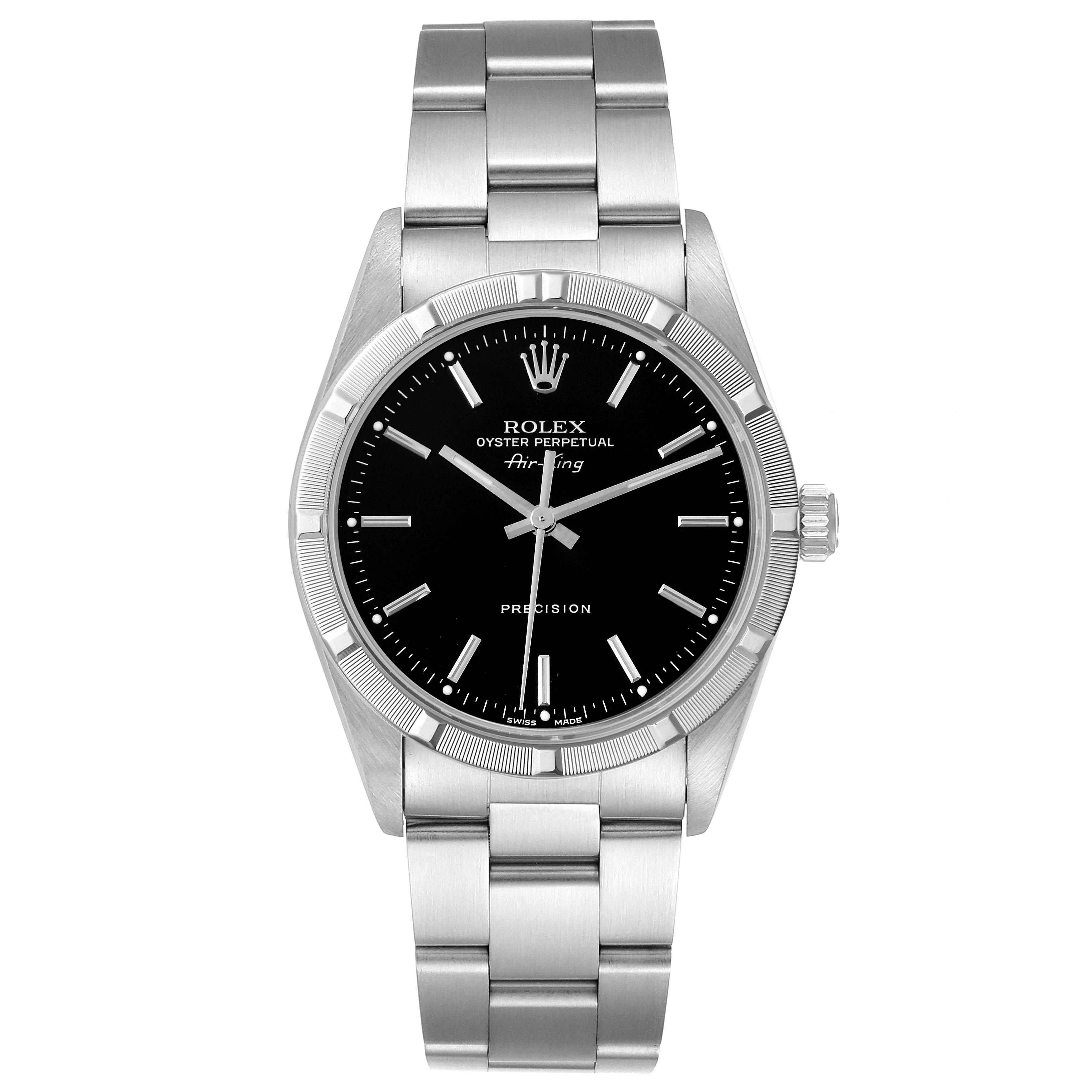 The image shows a front view of a Rolex Air-King 14010 Men's Stainless Steel Black Dial 14010 Men's Stainless Steel Black Dial watch, displaying the face, case, bezel, and bracelet.