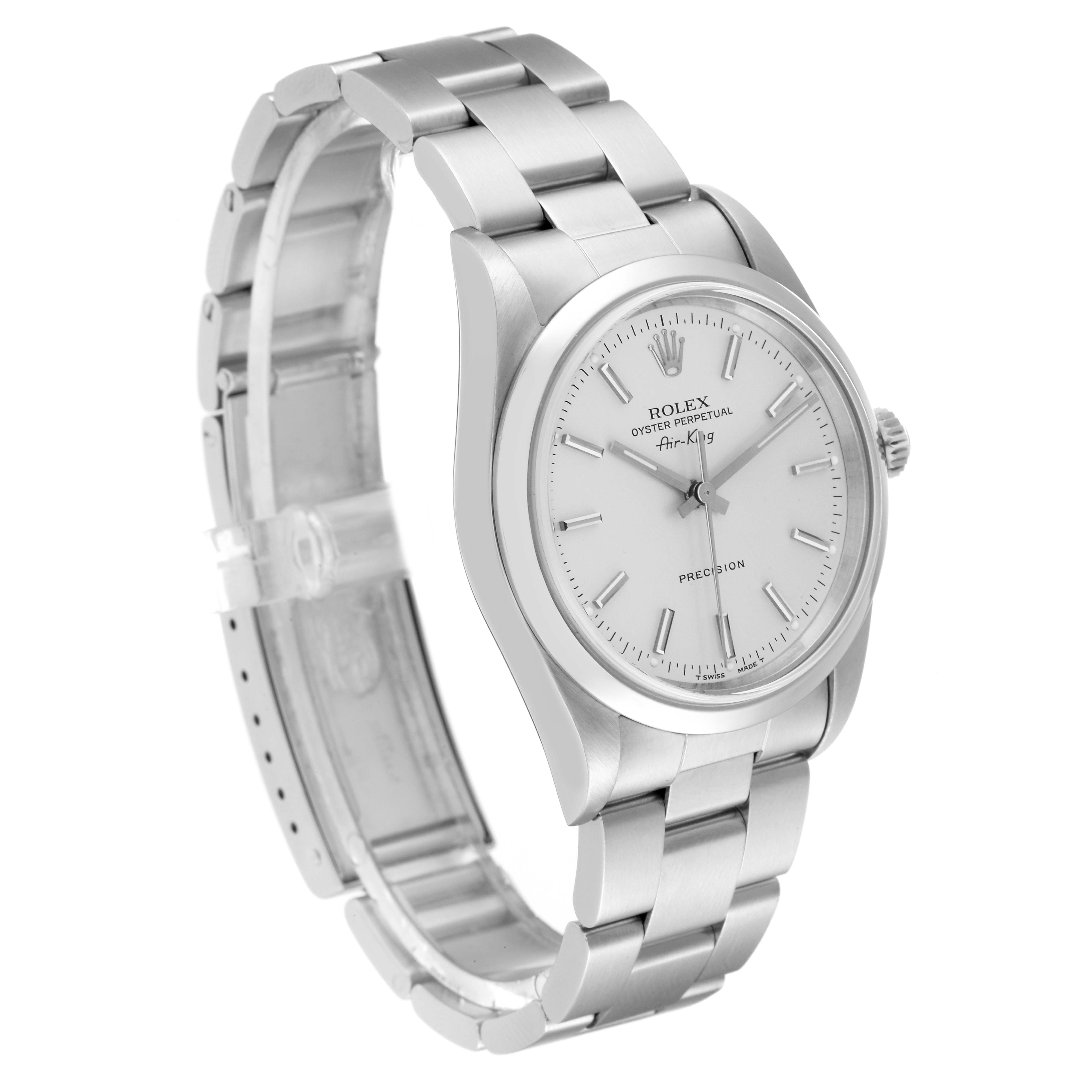 The Rolex Air-King 14000 Men's Stainless Steel Silver Dial 14000 Men's Stainless Steel Silver Dial watch is shown from a side angle displaying the face, strap, and clasp.