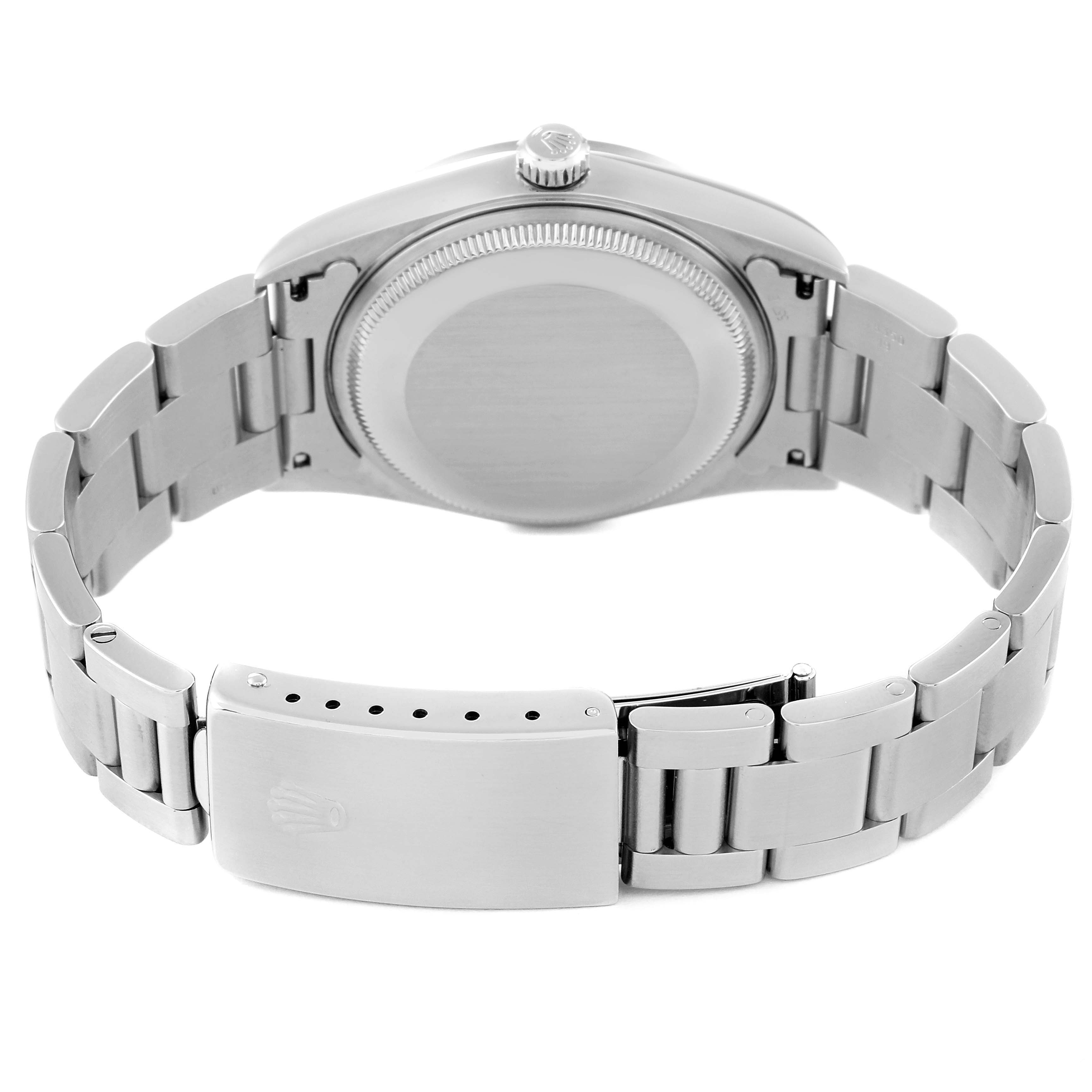 This image shows the back view of a Rolex Air-King 14000 Men's Stainless Steel Silver Dial 14000 Men's Stainless Steel Silver Dial watch, featuring the bracelet, clasp, and case back.