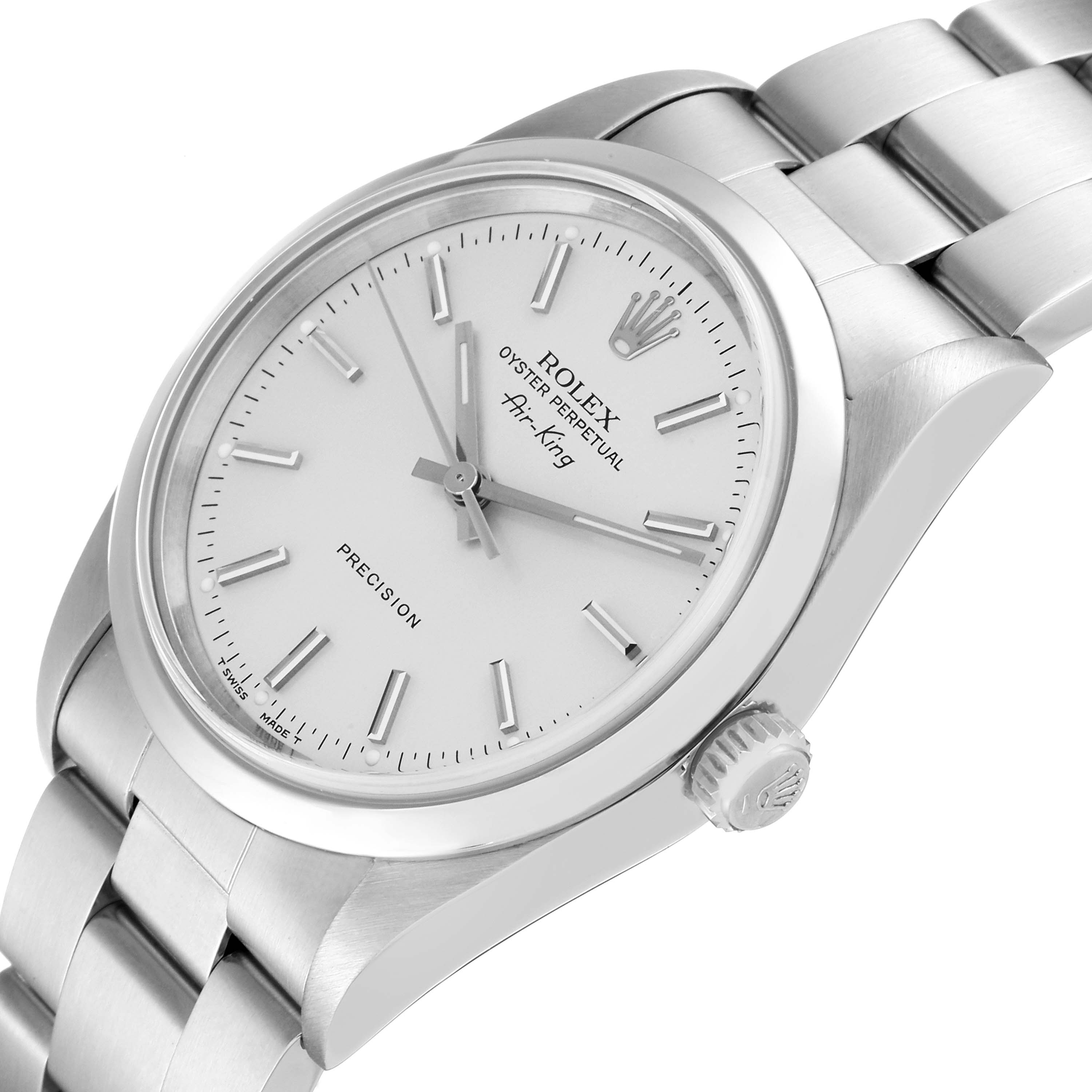 The image displays a Rolex Air-King 14000 Men's Stainless Steel Silver Dial 14000 Men's Stainless Steel Silver Dial watch at a slight angle, highlighting the dial, crown, and bracelet.