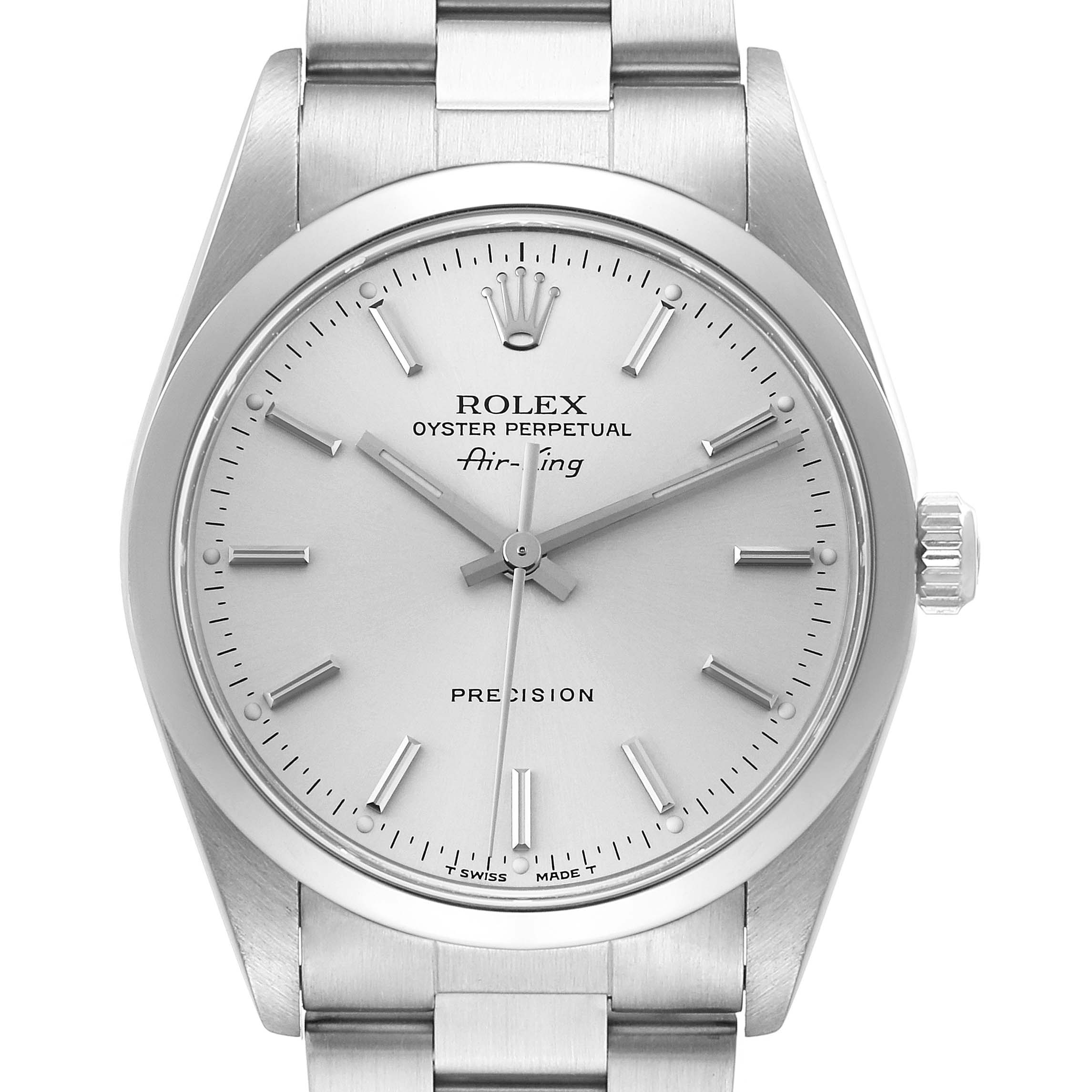 The image shows a front view of the Rolex Air-King 14000 Men's Stainless Steel Silver Dial 14000 Men's Stainless Steel Silver Dial watch, highlighting the dial, case, crown, and part of the bracelet.