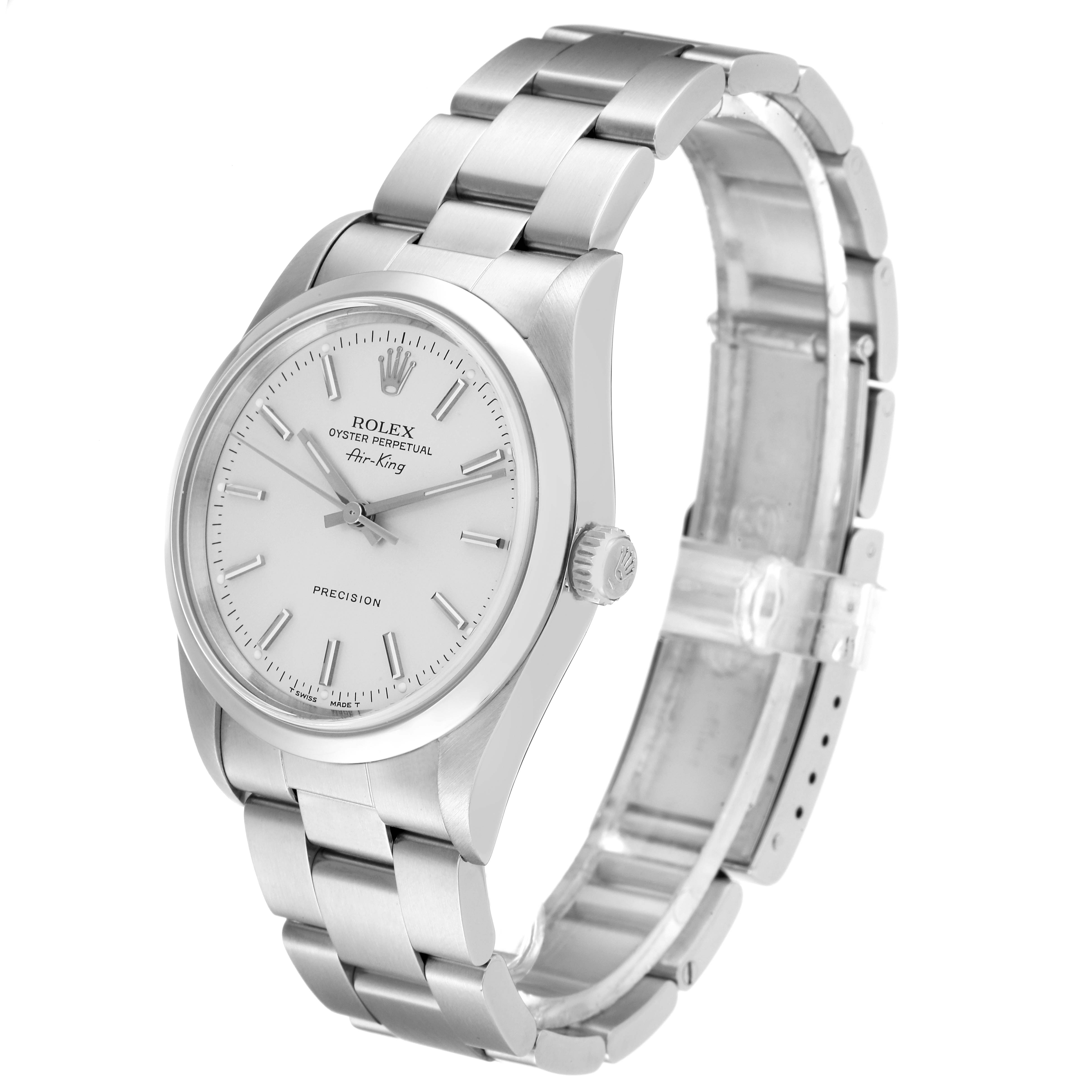 This image shows a Rolex Air-King 14000 Men's Stainless Steel Silver Dial 14000 Men's Stainless Steel Silver Dial watch angled slightly to the side, highlighting its bracelet, crown, and face.