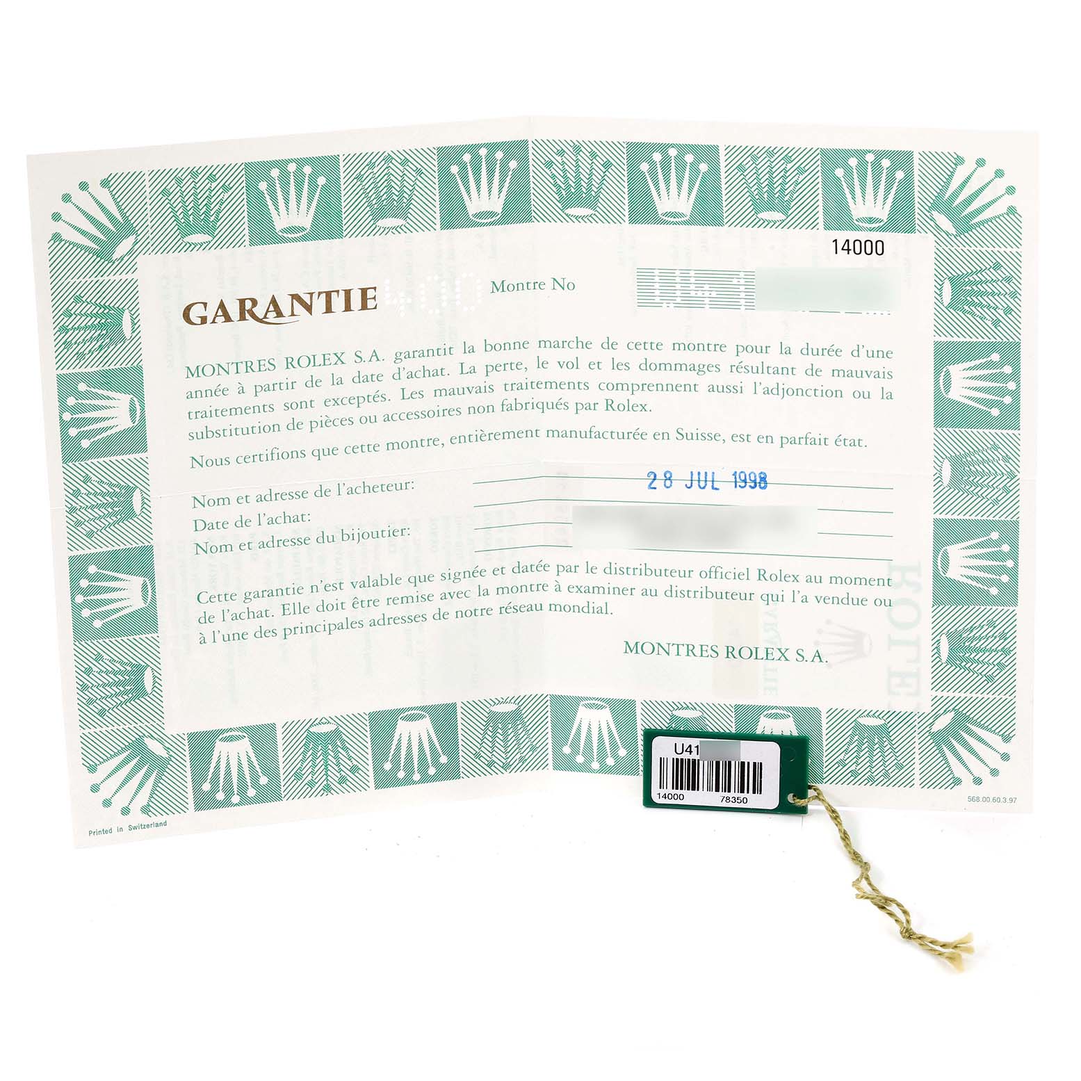 This image shows the warranty certificate for the Rolex Air-King 14000 Men's Stainless Steel Silver Dial 14000 Men's Stainless Steel Silver Dial model, including dates and a tag with a serial number.