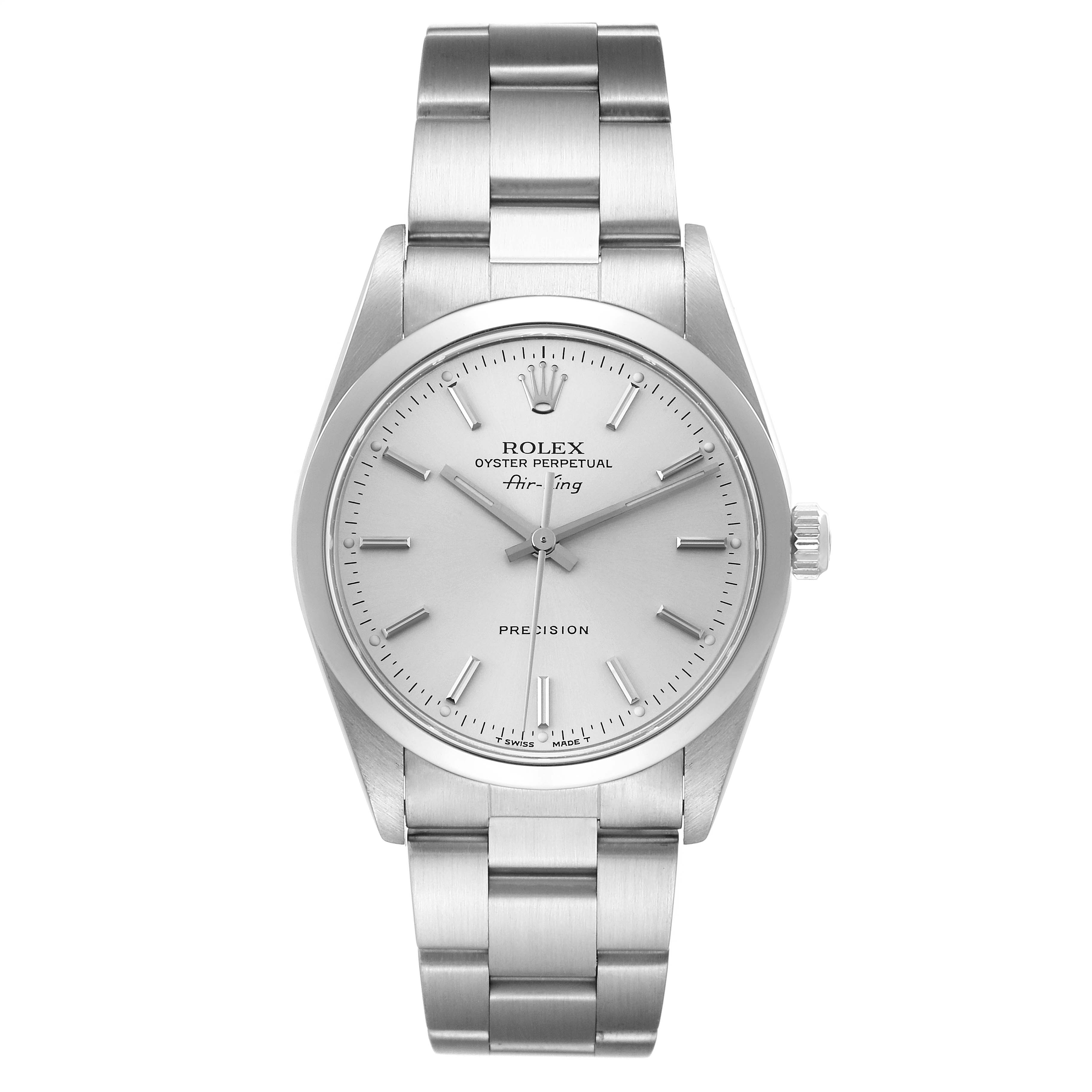 This is a frontal view of the Rolex Air-King 14000 Men's Stainless Steel Silver Dial 14000 Men's Stainless Steel Silver Dial watch showcasing its dial, bezel, and bracelet.