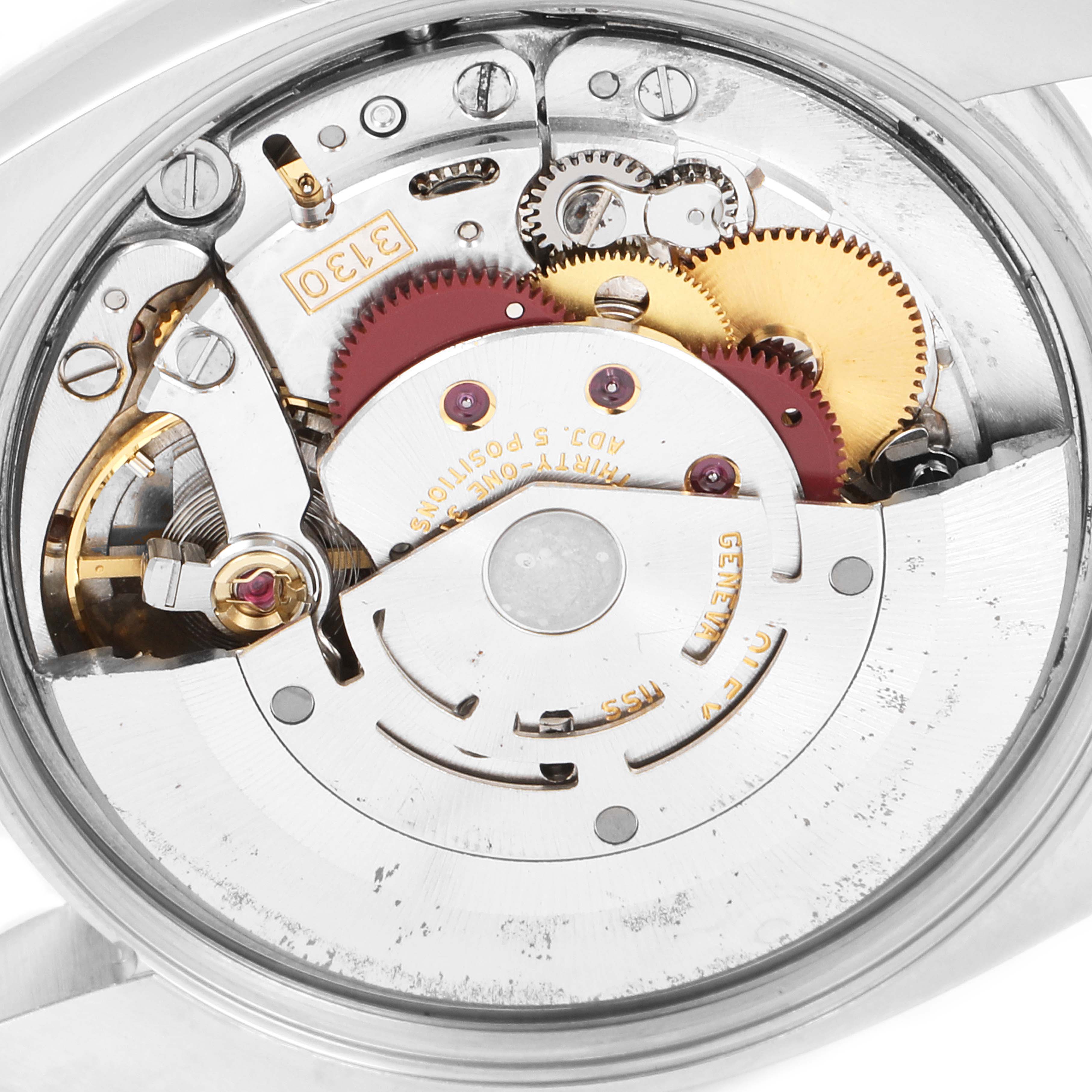 This image shows the internal mechanical movement of a Rolex Air-King 114210 Men's Stainless Steel White Dial 114210 Men's Stainless Steel White Dial watch from a close-up angle.