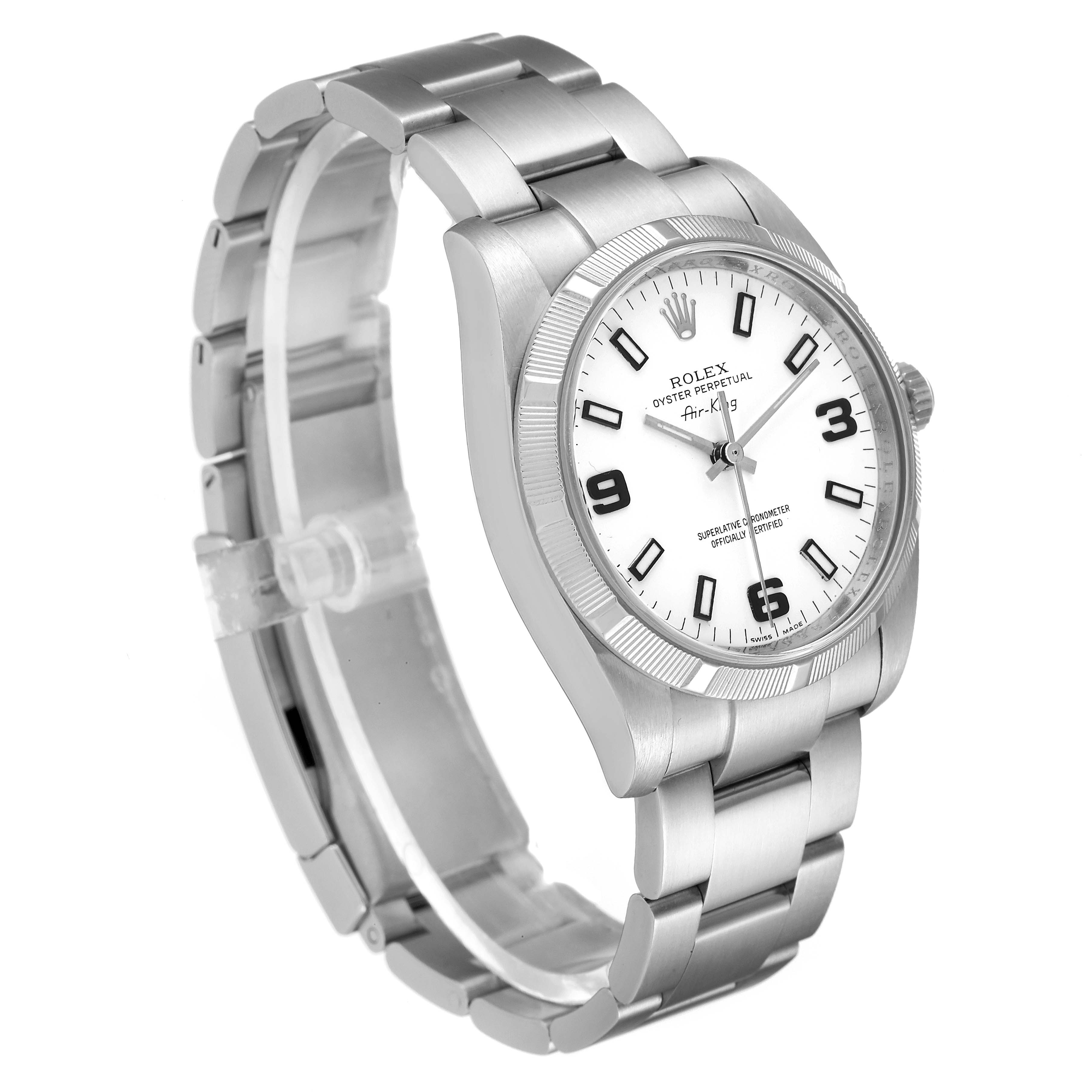 The Rolex Air-King 114210 Men's Stainless Steel White Dial 114210 Men's Stainless Steel White Dial watch is shown at a slight angle, highlighting its stainless steel bracelet, case, and white dial.