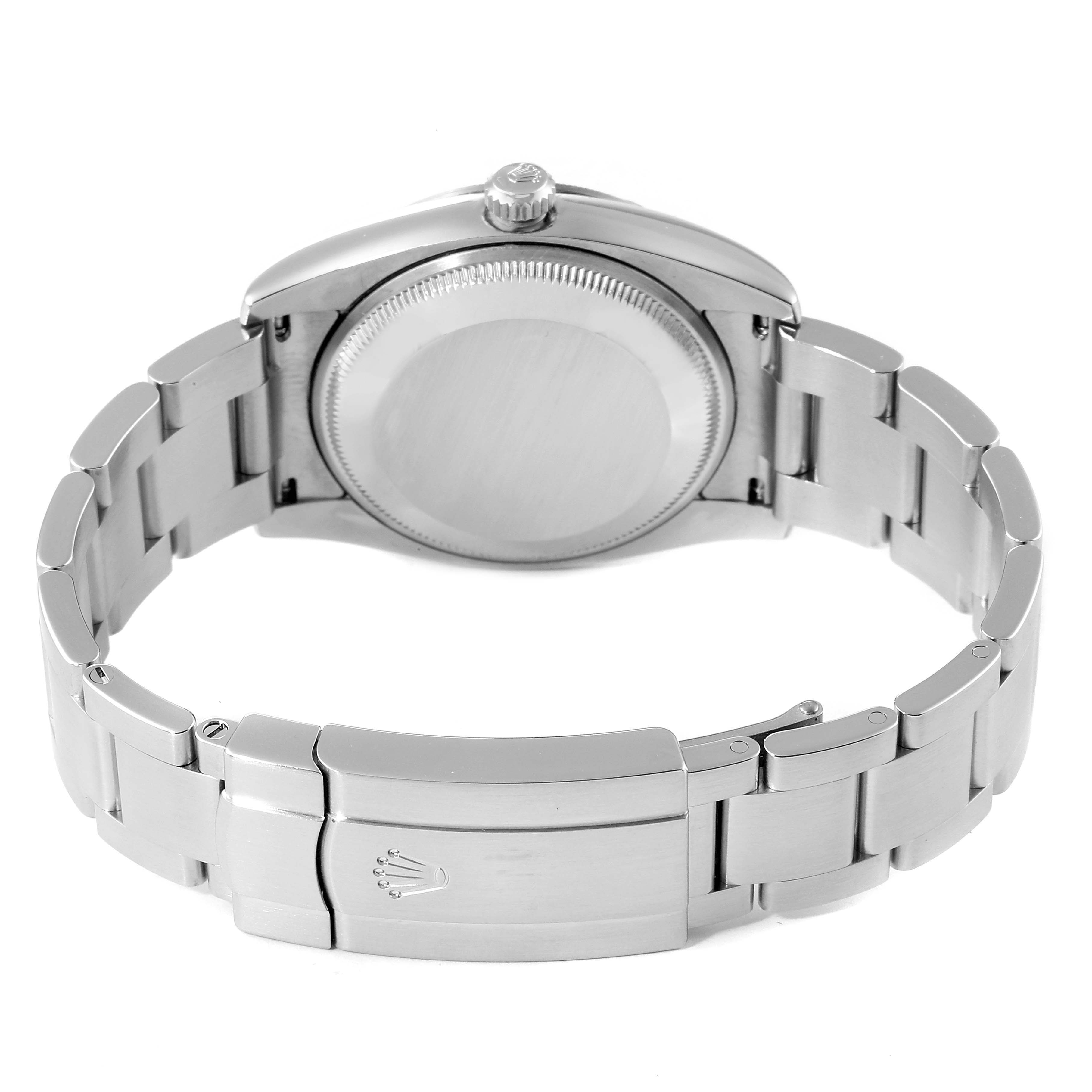 This image is a rear view of a Rolex Air-King 114210 Men's Stainless Steel White Dial 114210 Men's Stainless Steel White Dial watch, showing the case back, bracelet, and clasp.