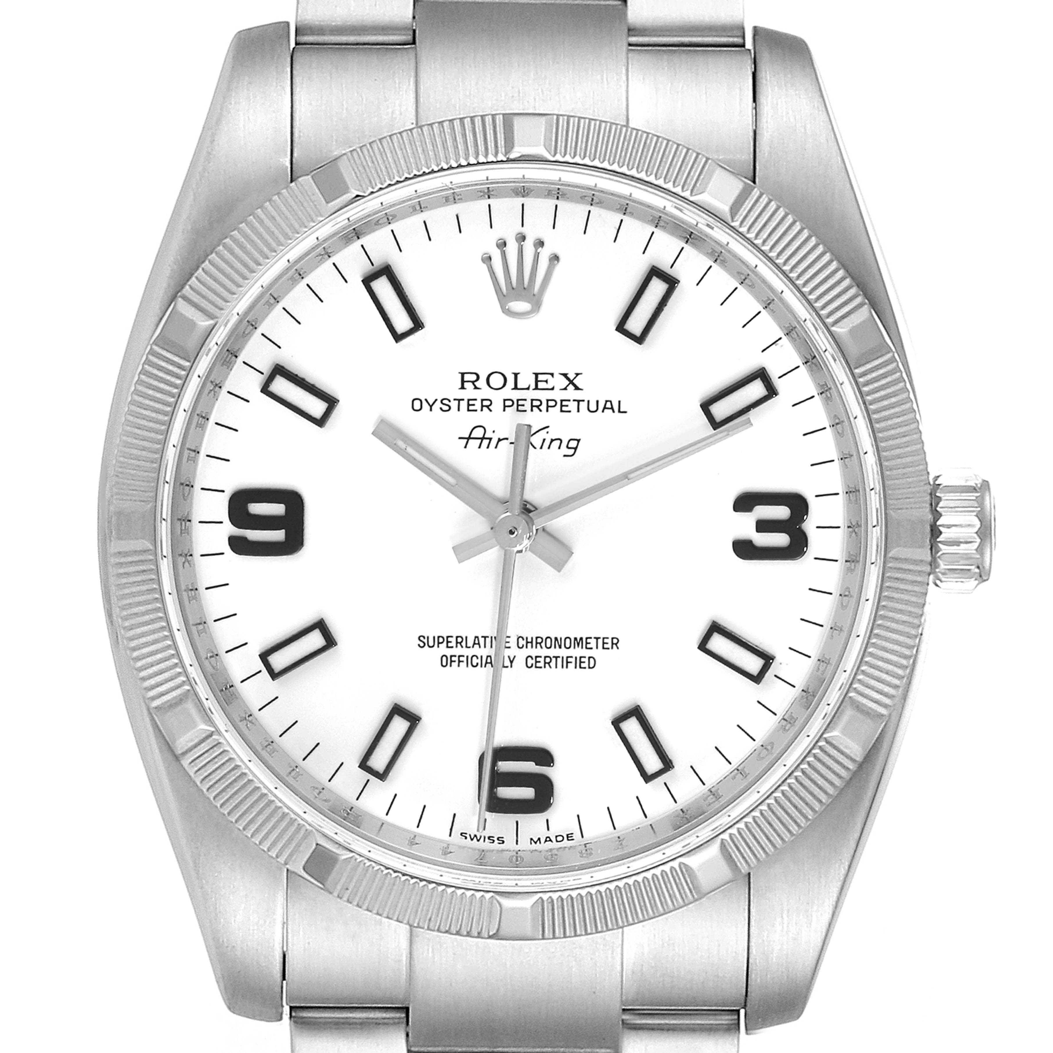 The image shows a front view of the Rolex Air-King 114210 Men's Stainless Steel White Dial 114210 Men's Stainless Steel White Dial watch, highlighting its dial, crown, bezel, and part of the bracelet.