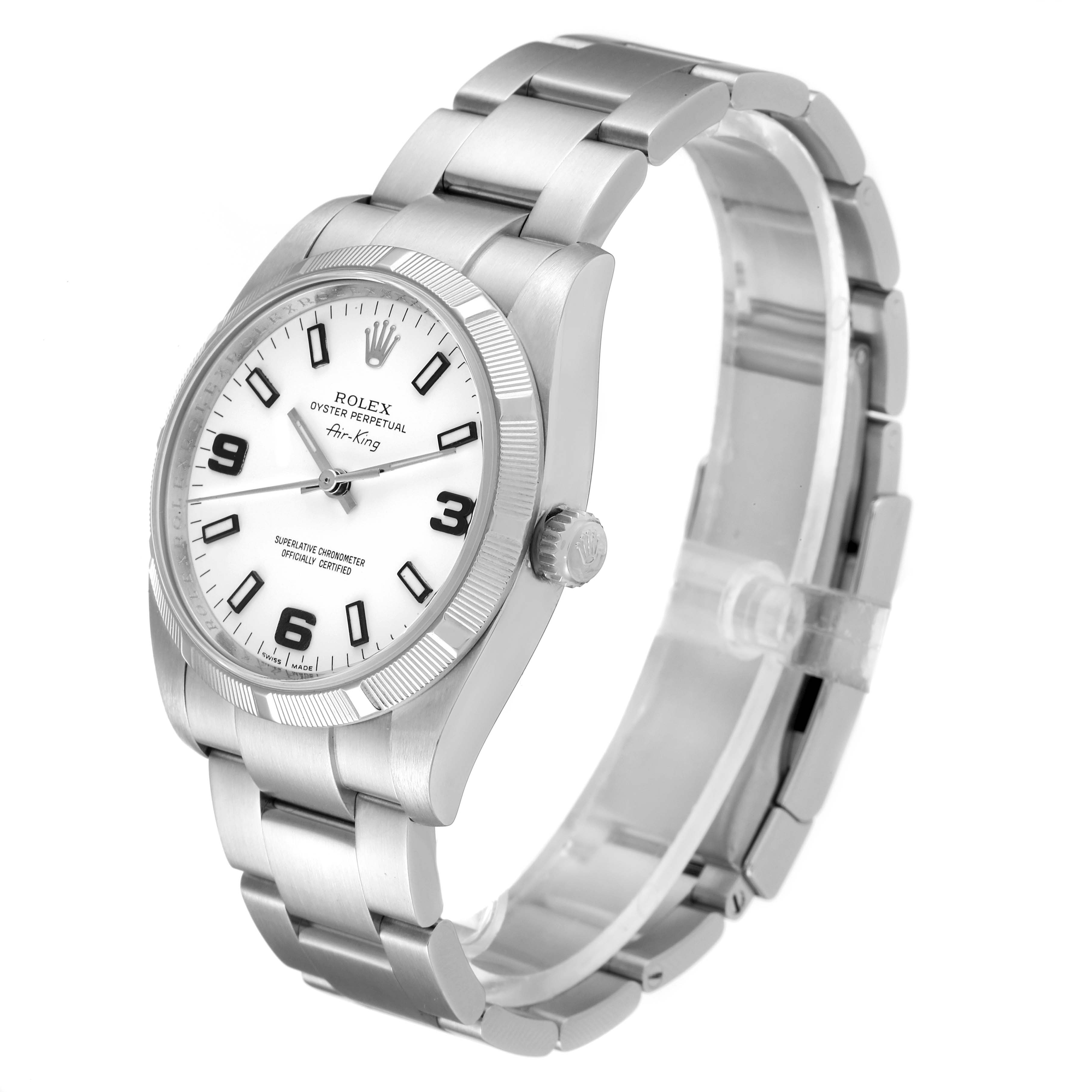 This image shows a Rolex Air-King 114210 Men's Stainless Steel White Dial 114210 Men's Stainless Steel White Dial watch at a three-quarter angle, highlighting the face, bezel, crown, and bracelet.